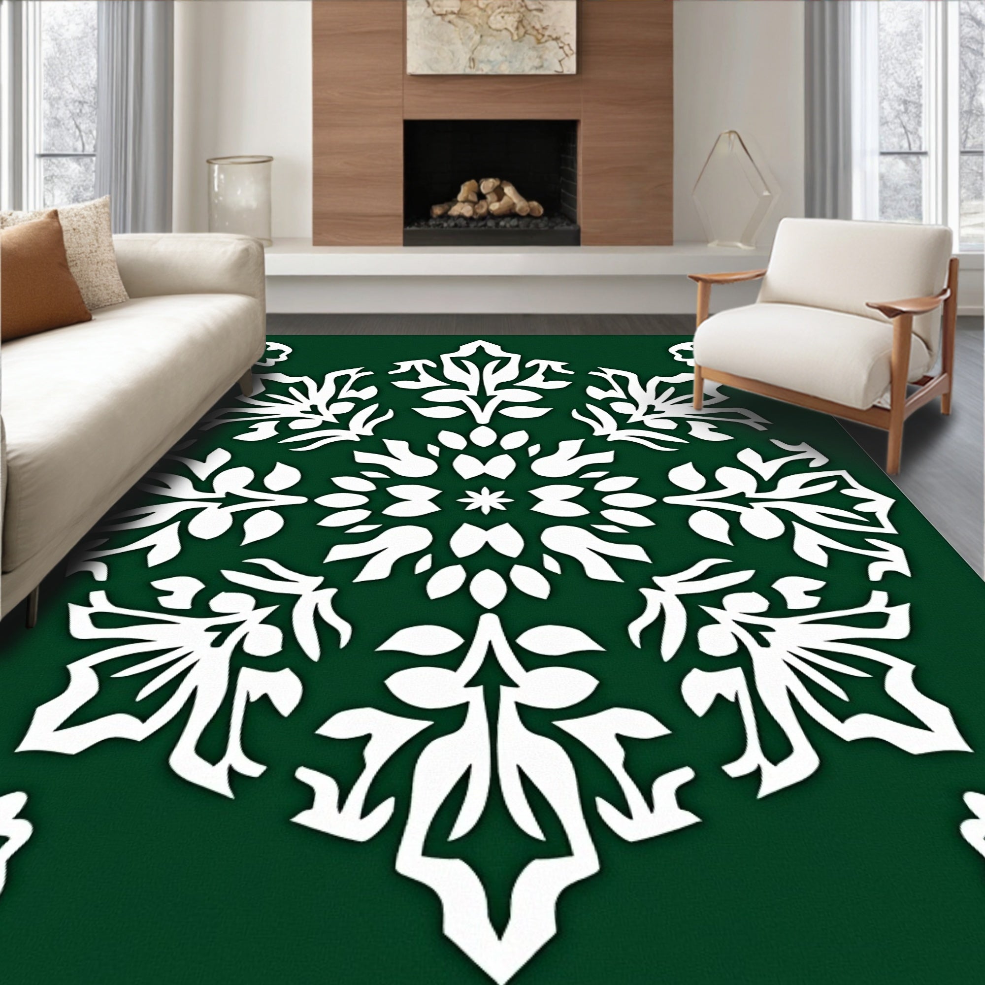 Emerald Green White Floral Medallion Rug