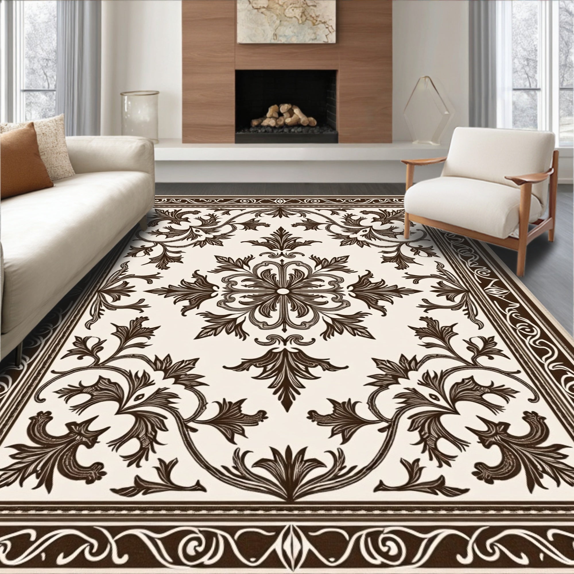 Ornate Brown Floral Medallion Square Rug