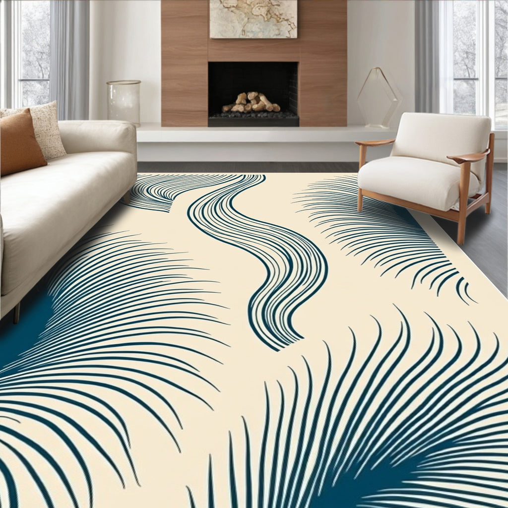 Deep Teal Abstract Feather Palm Rug