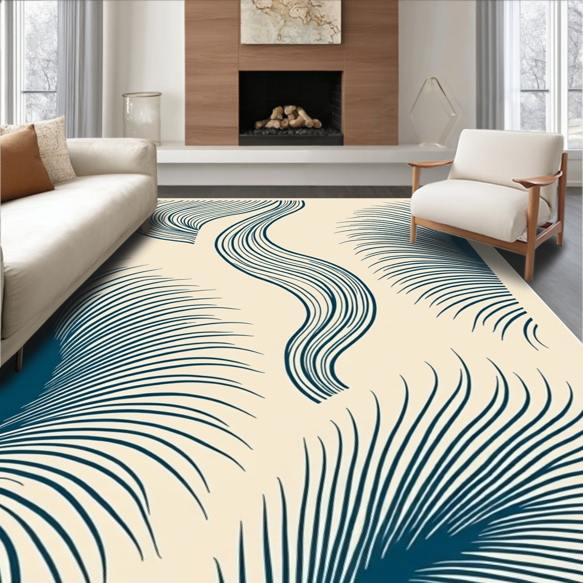 Deep Teal Abstract Feather Palm Rug
