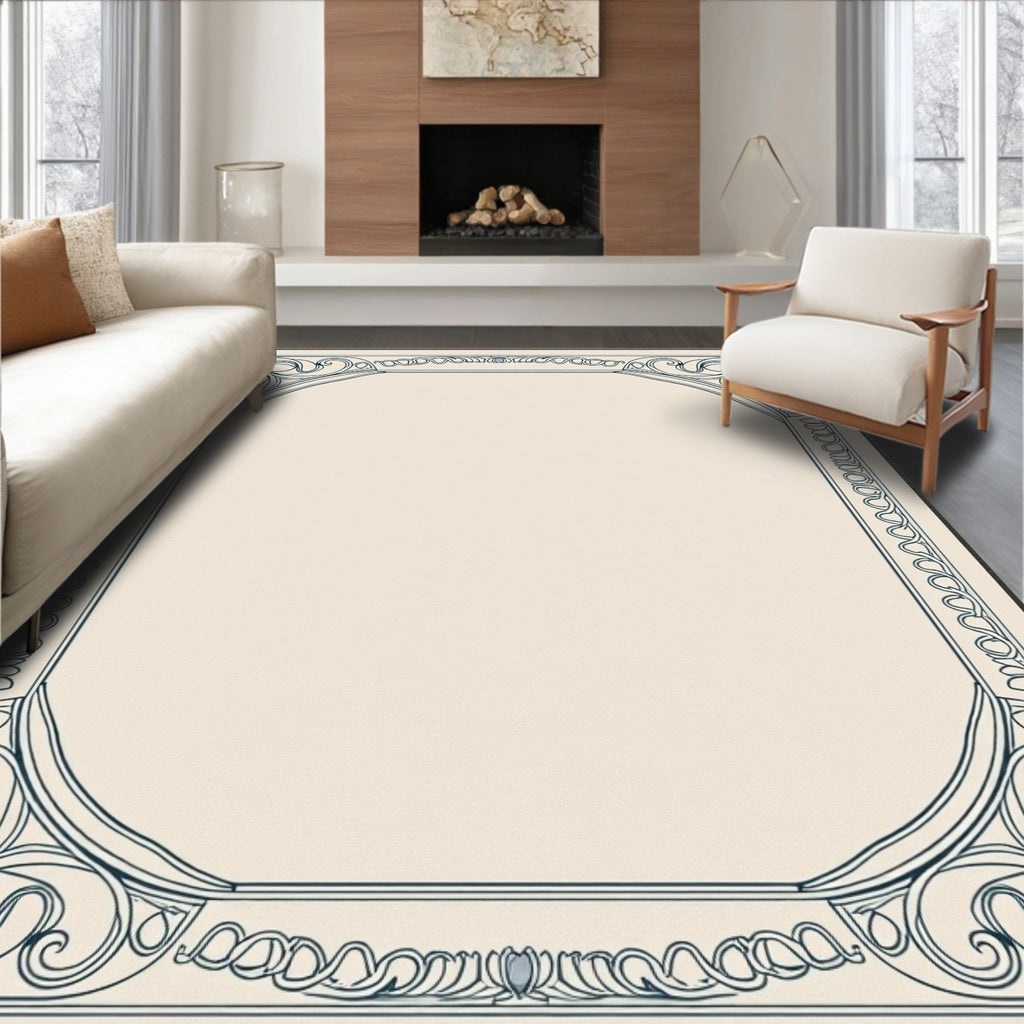 Art Nouveau Cream Navy Swirl Frame Rug
