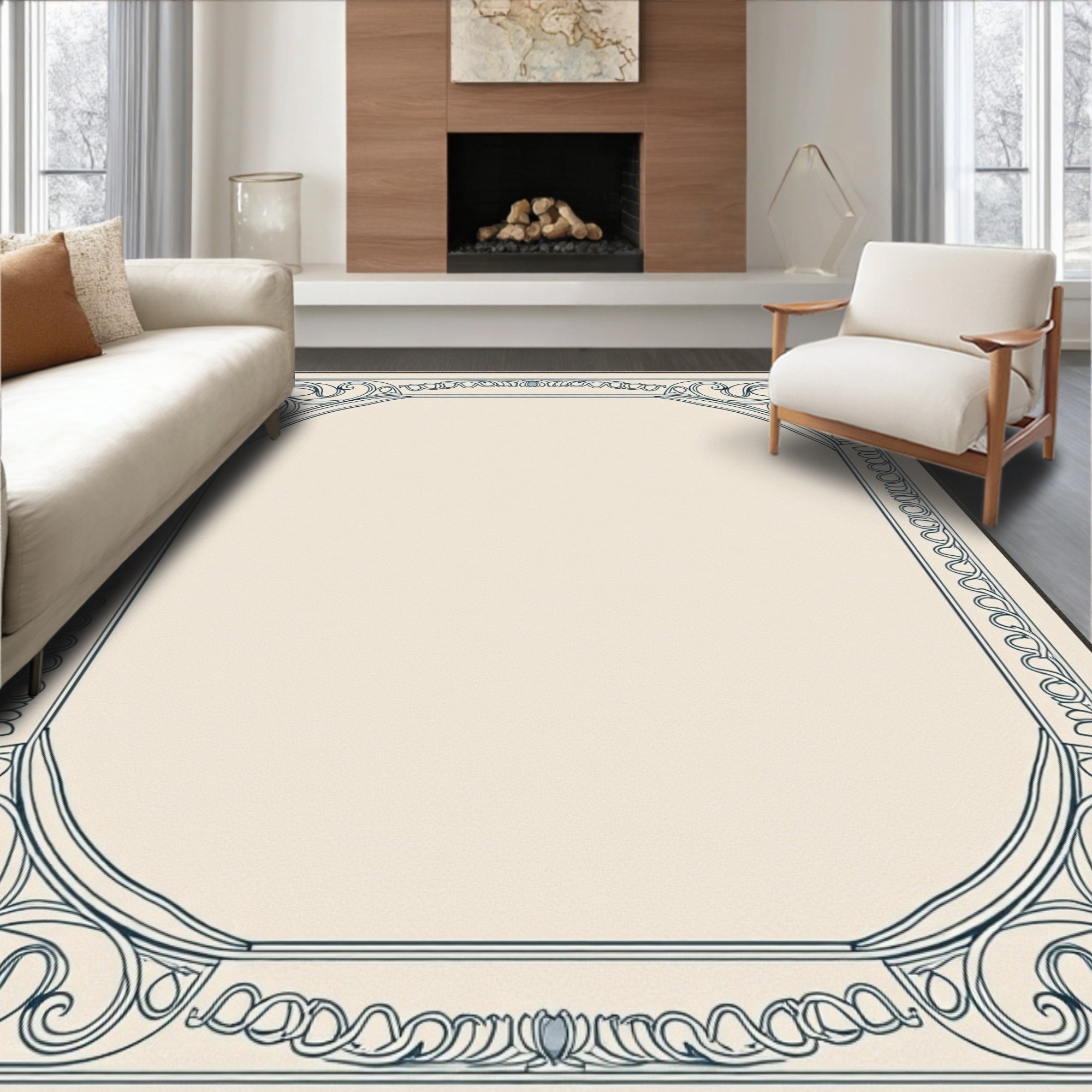 Art Nouveau Cream Navy Swirl Frame Rug