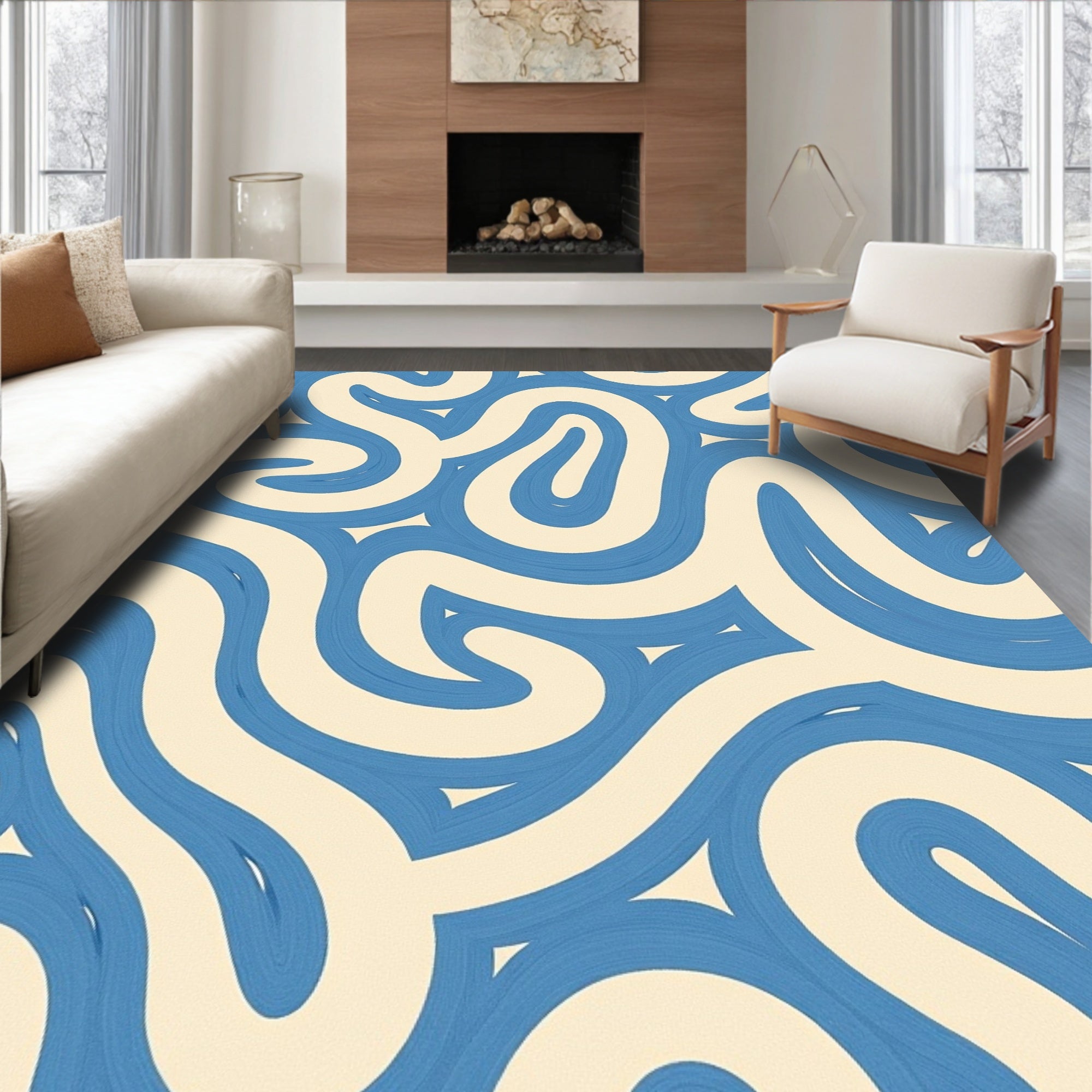 Blue Cream Swirling Abstract Wavy Lines Rug