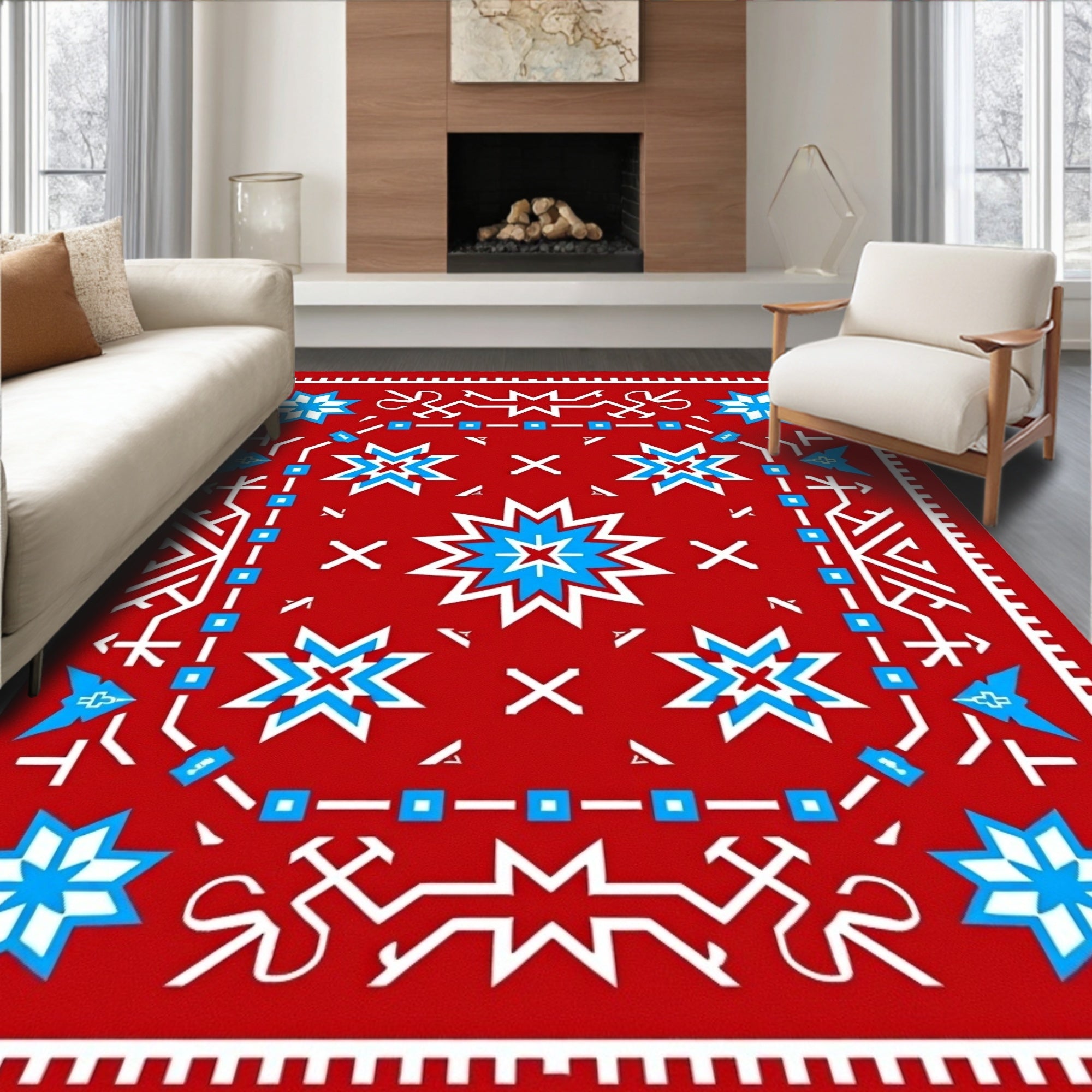 Bold Red Star Geometric Ethnic Rug