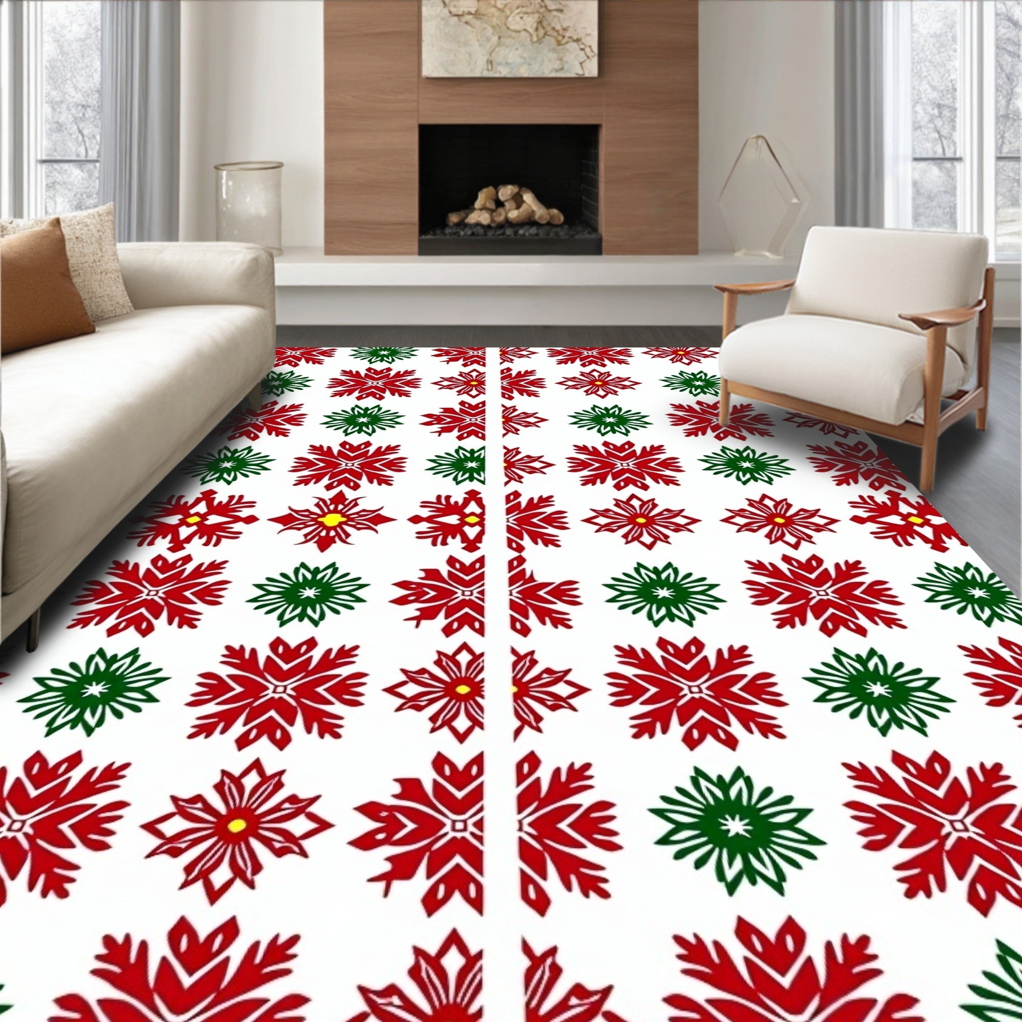 Red Green Snowflake Holiday Art Rug