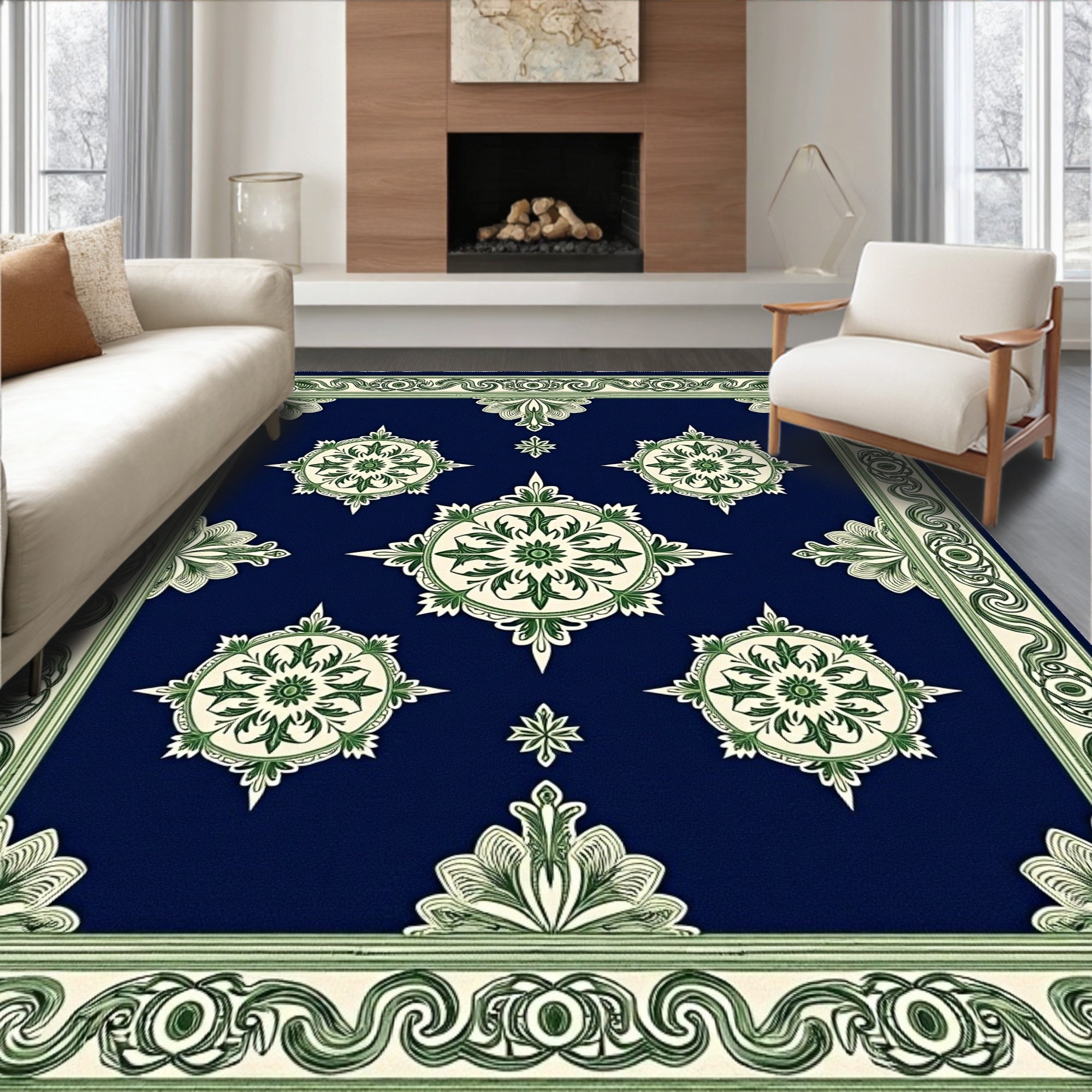 Classic Navy Green Medallion Border Rug