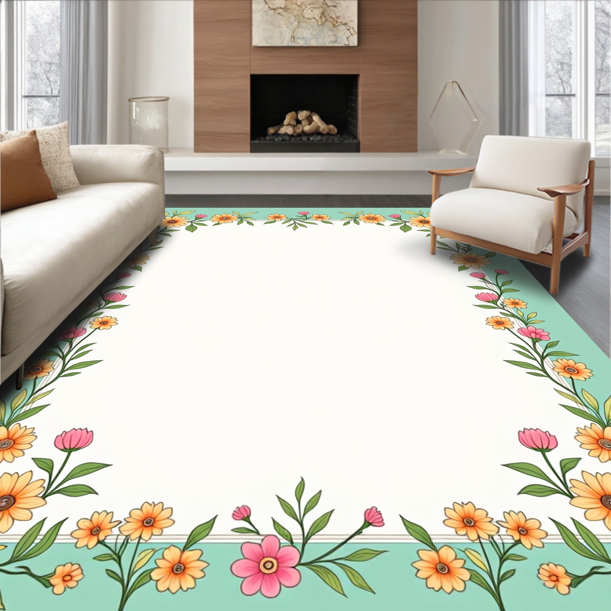 Springtime Pink Yellow Floral Border Rug