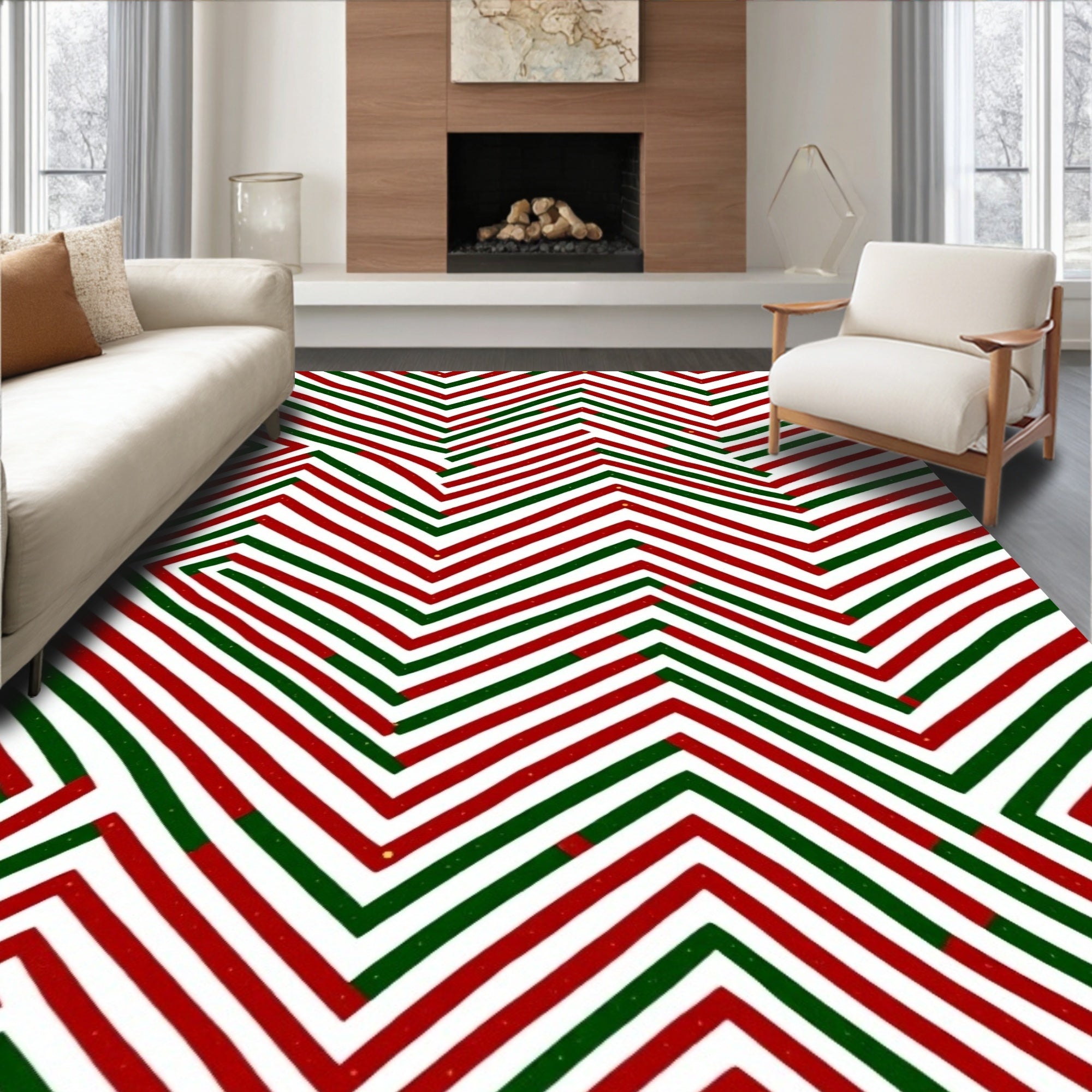 Red Green Zigzag Interlocking Lines Rug
