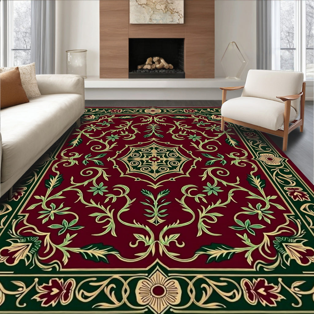 Deep Red Botanical Scrollwork Border Rug