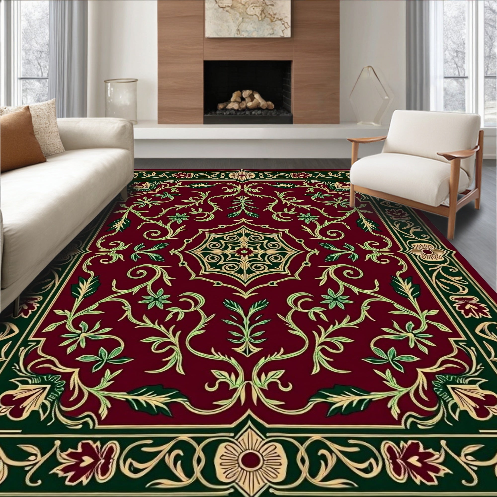 Deep Red Botanical Scrollwork Border Rug