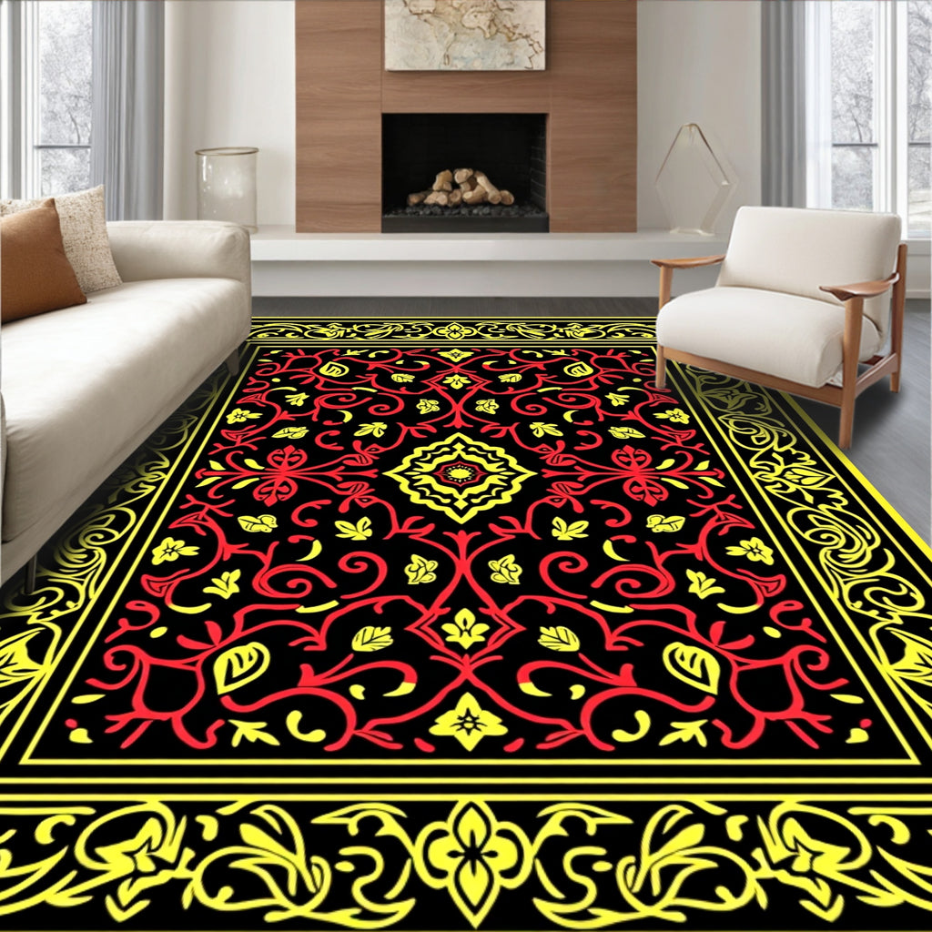 Red Yellow Floral Scroll Lattice Rug