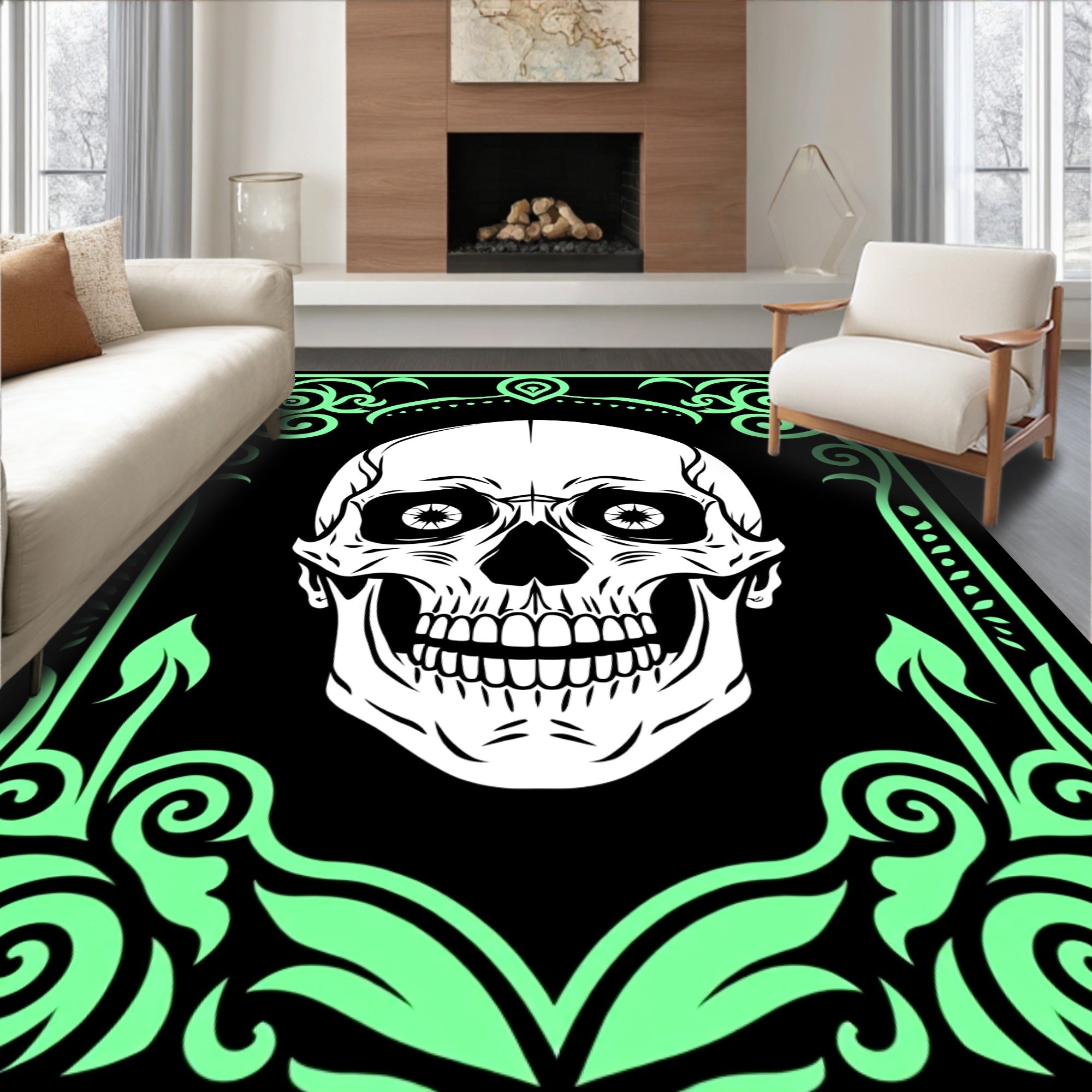 Mint Skull Gothic Border Rug