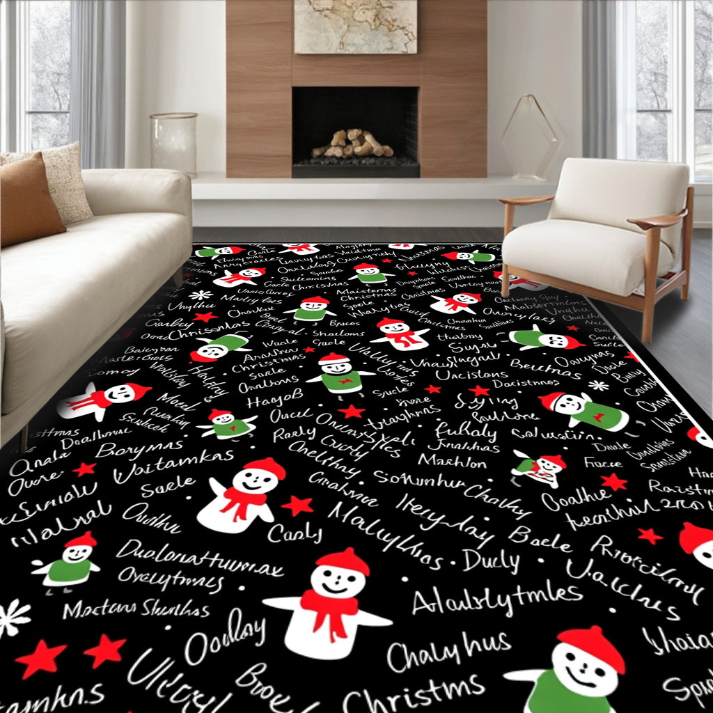 Christmas Snowmen Black Background Rug