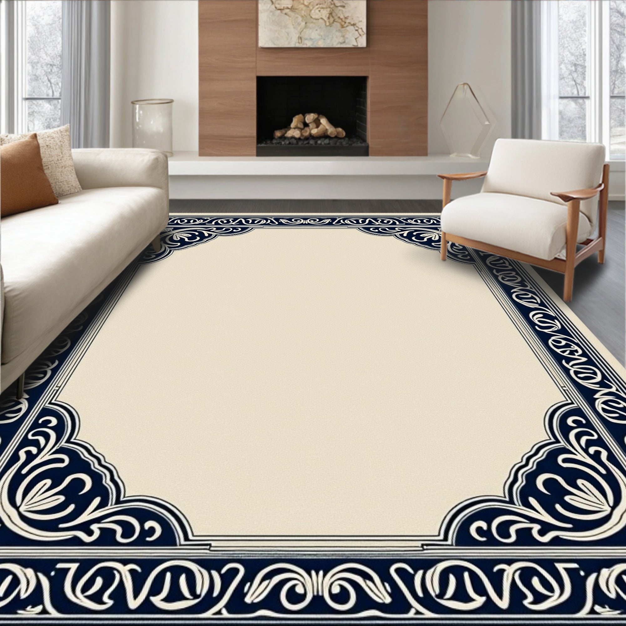 Ornate Navy Floral Frame Cream Rug