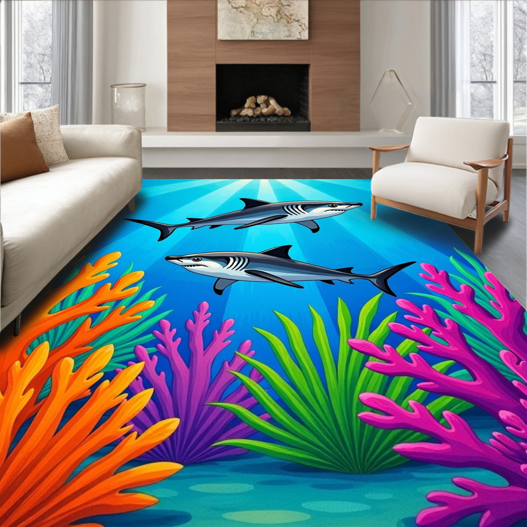 Ocean Sharks with Colorful Coral Reef Rug