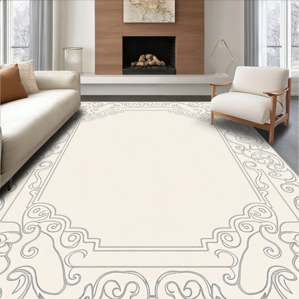 Elegant Gray Scrollwork Frame Rug