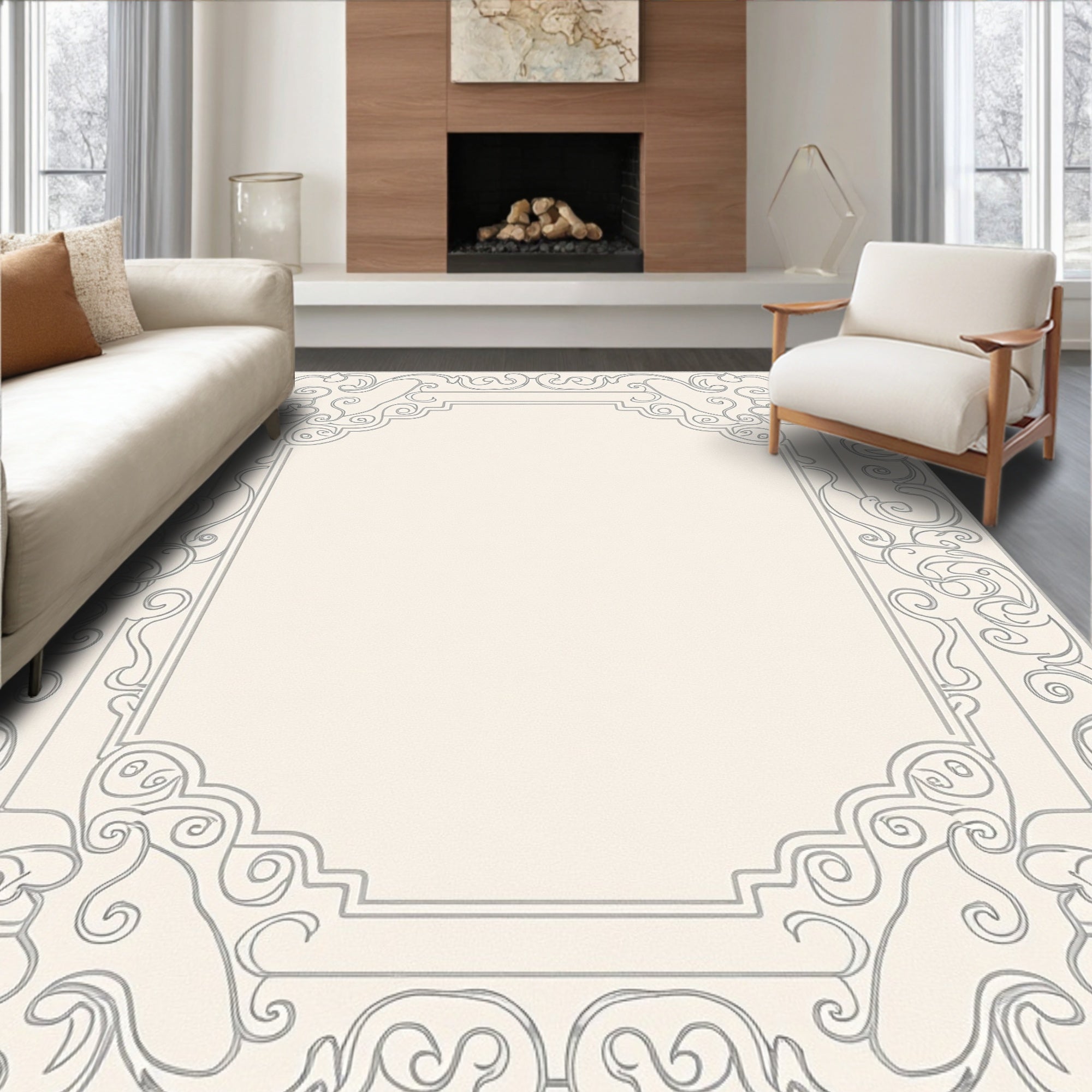 Elegant Gray Scrollwork Frame Rug