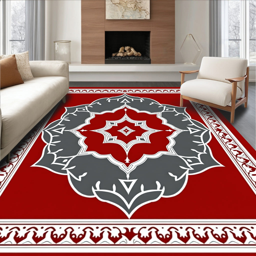 Crimson and Gray Floral Medallion Border Rug