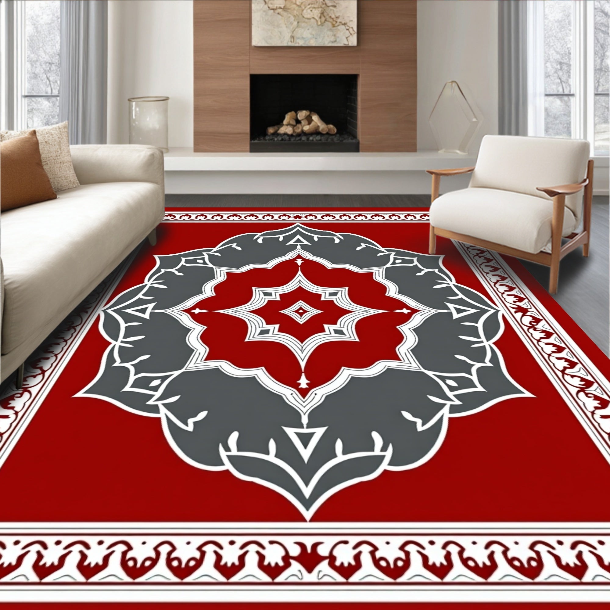 Crimson and Gray Floral Medallion Border Rug