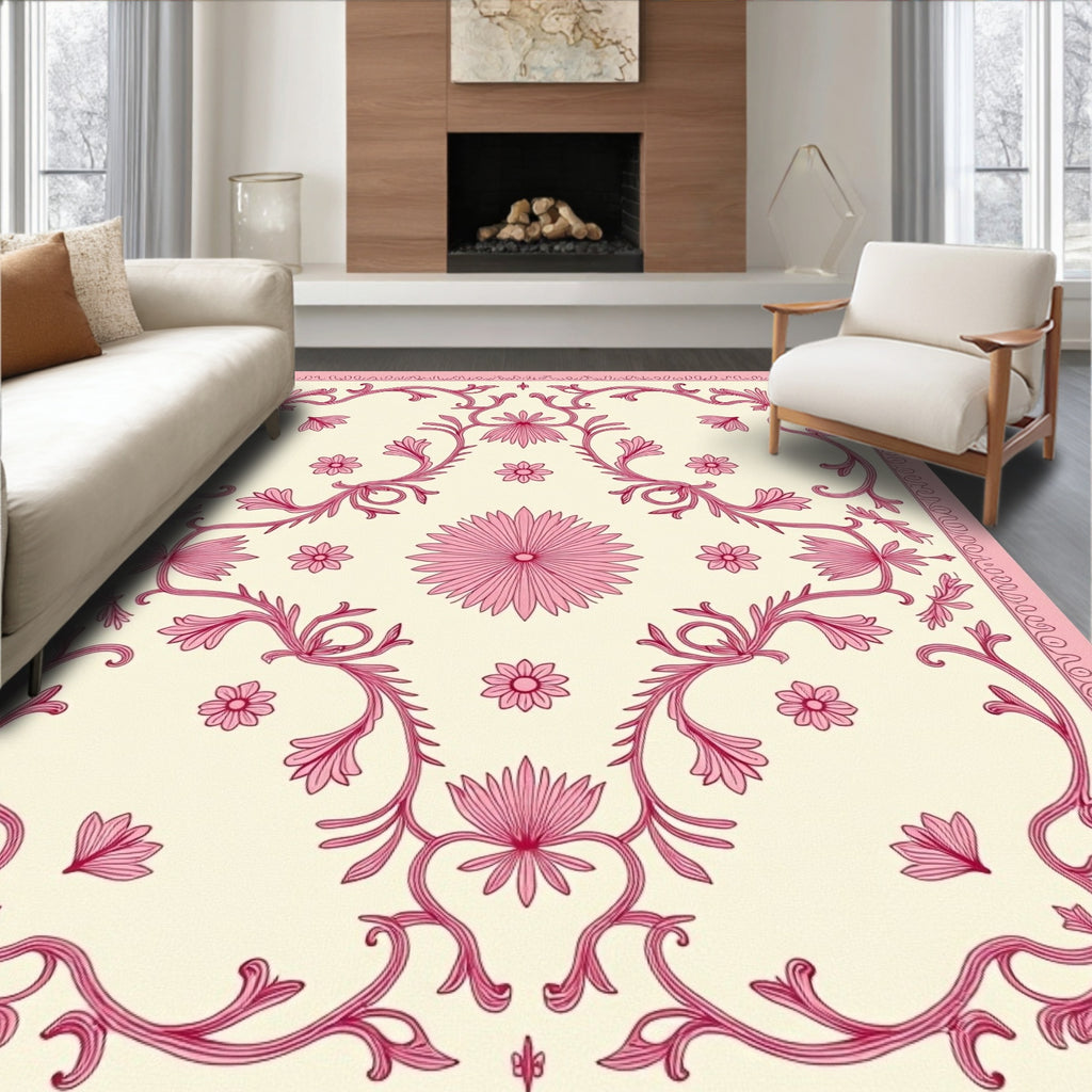 Pink Floral Medallion Scrolls Cream Rug