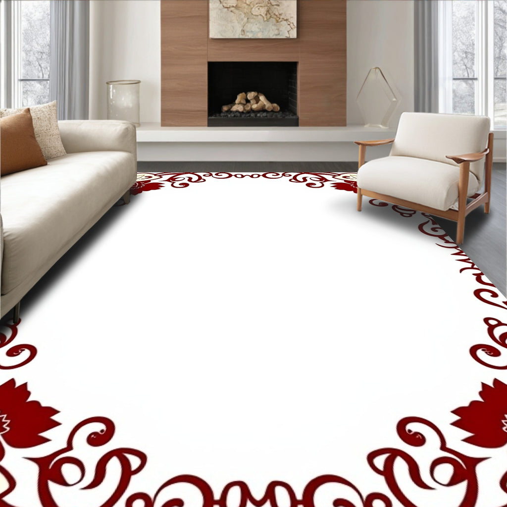 Crimson Floral Swirl Border Rug