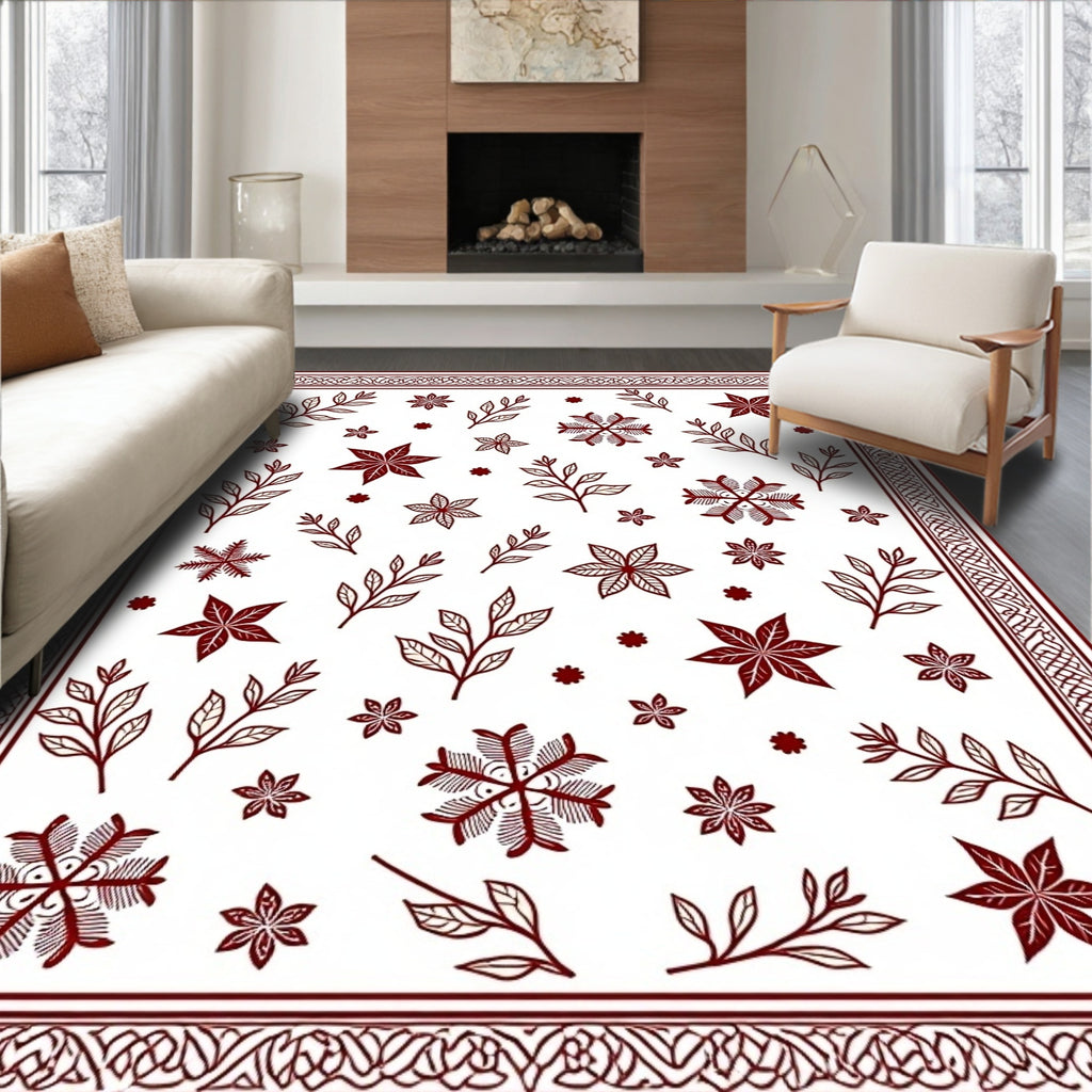 Maroon Snowflake Leaf Garland Border Rug