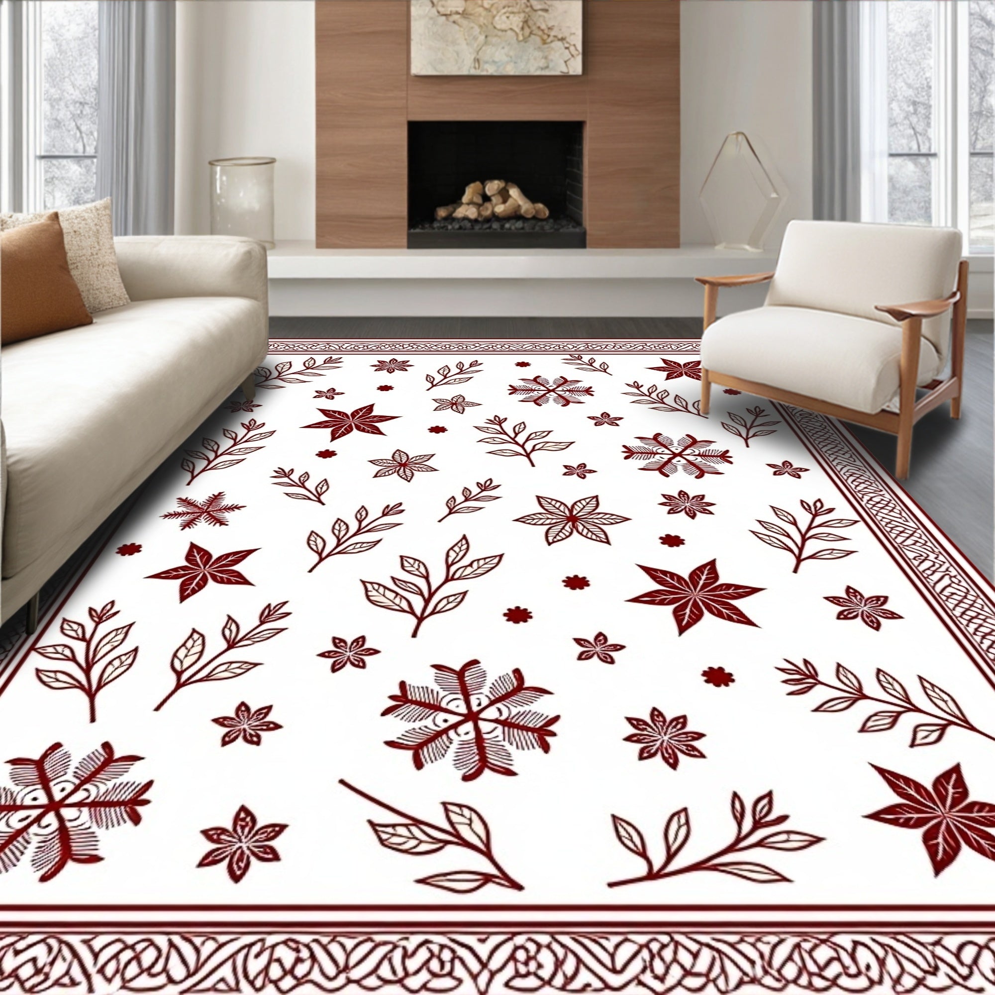 Maroon Snowflake Leaf Garland Border Rug