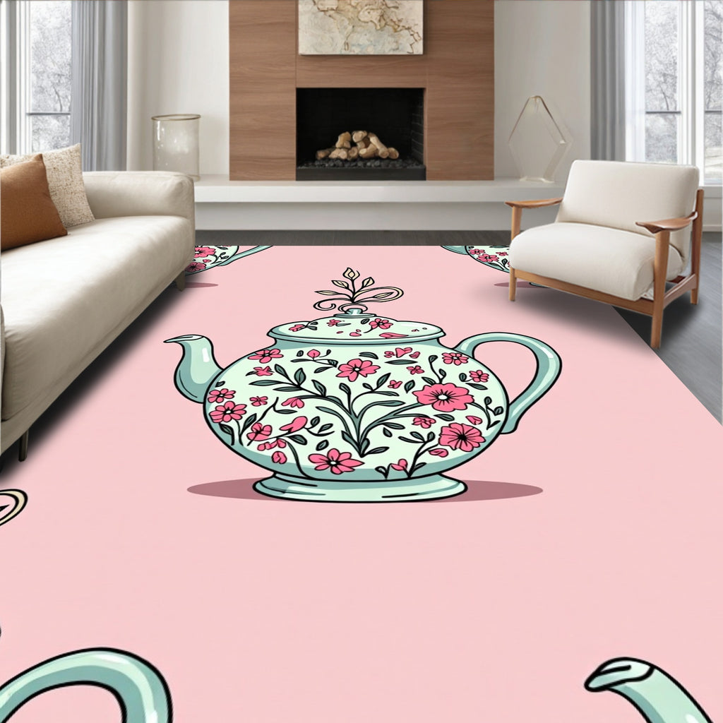 Pale Teal Floral Teapot Botanical Rug