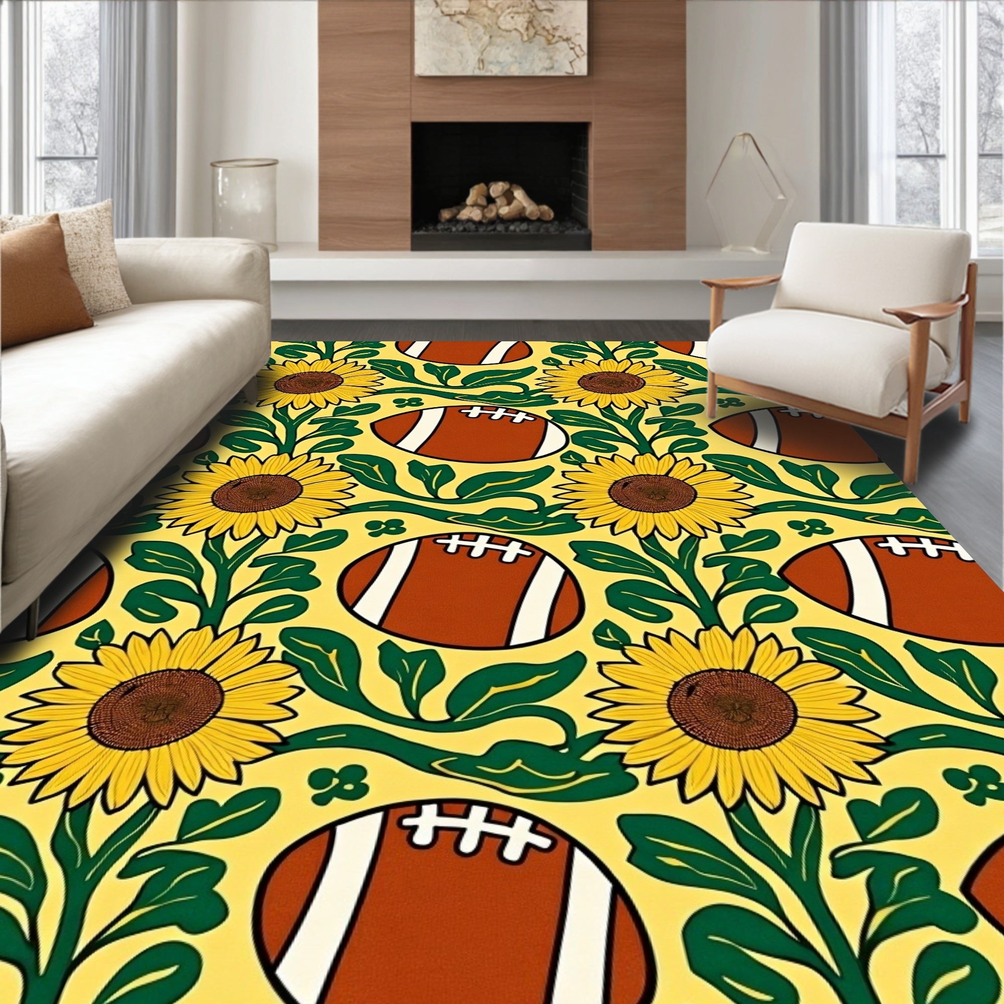 Sunny Yellow Football Sunflower Illustration Rug