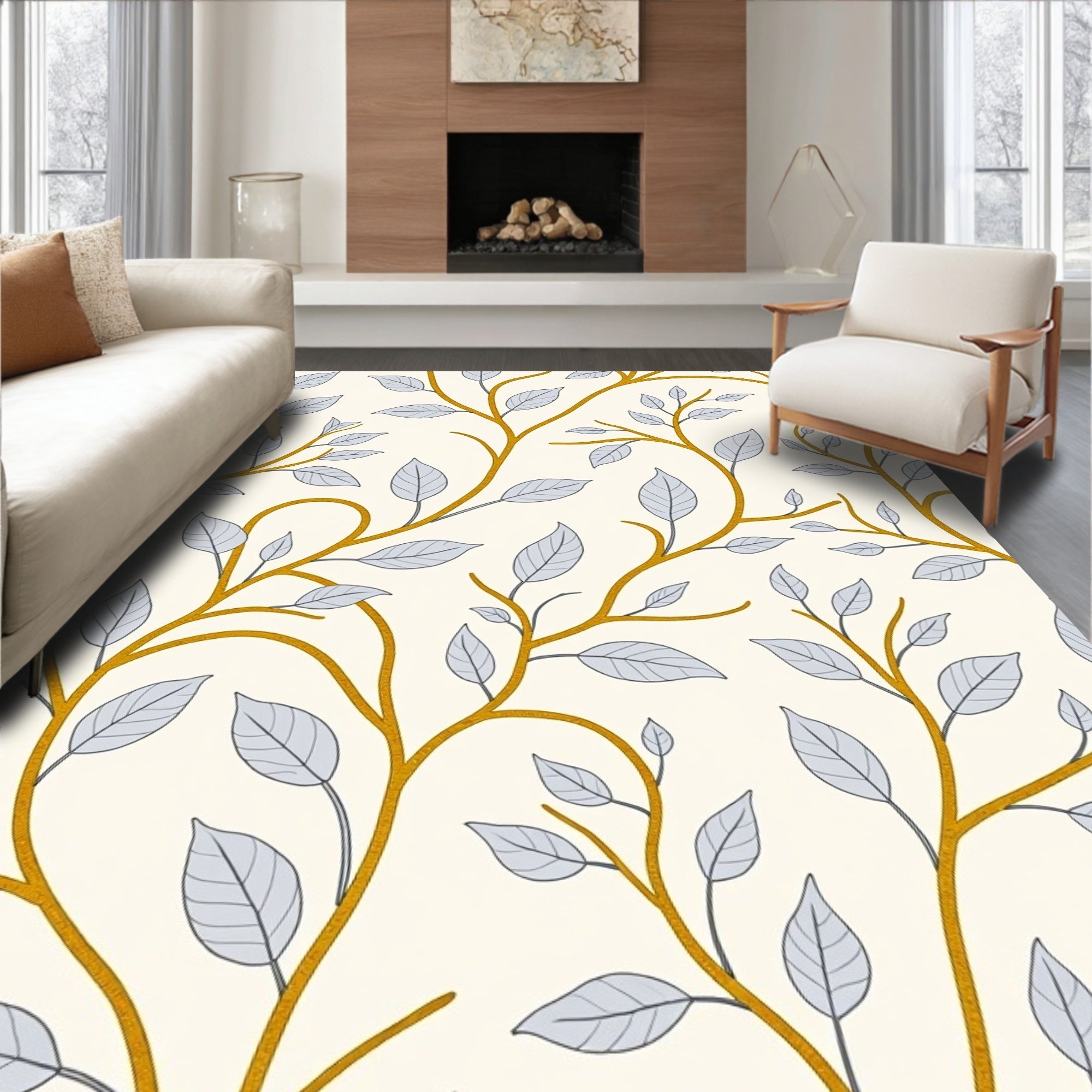 Golden Vine Gray Leaf Foliage Rug