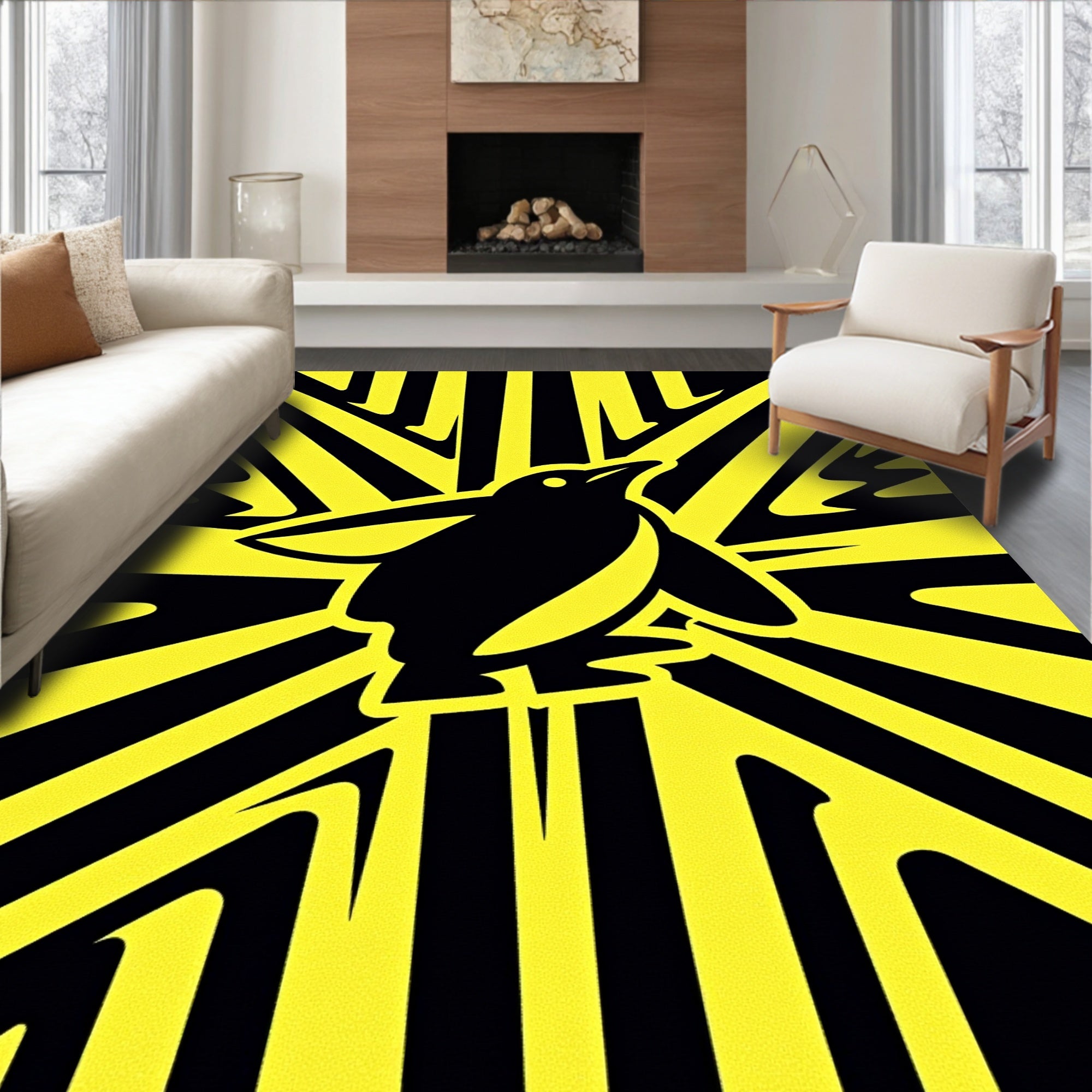 Bold Yellow Black Penguin Rays Rug