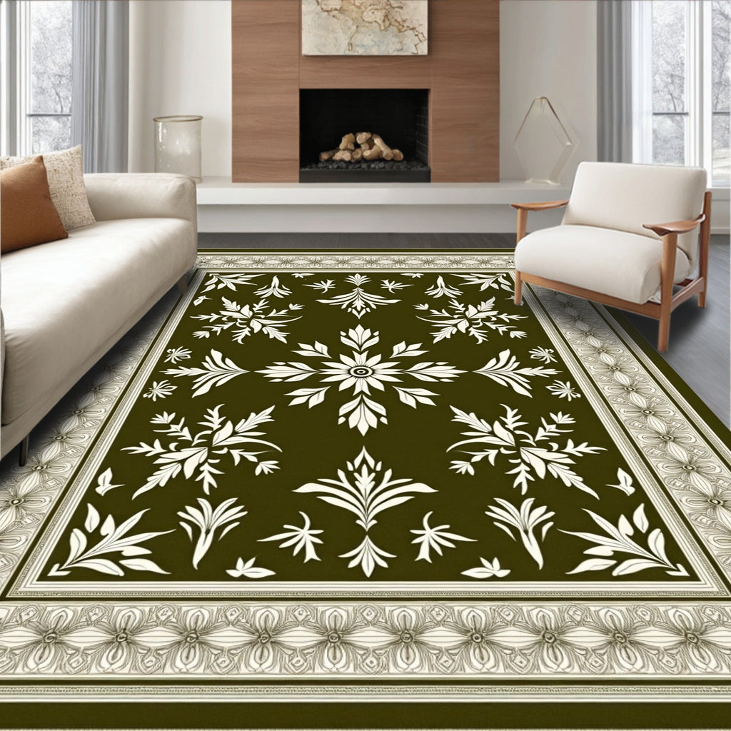 Olive Green Floral Botanical Medallion Rug