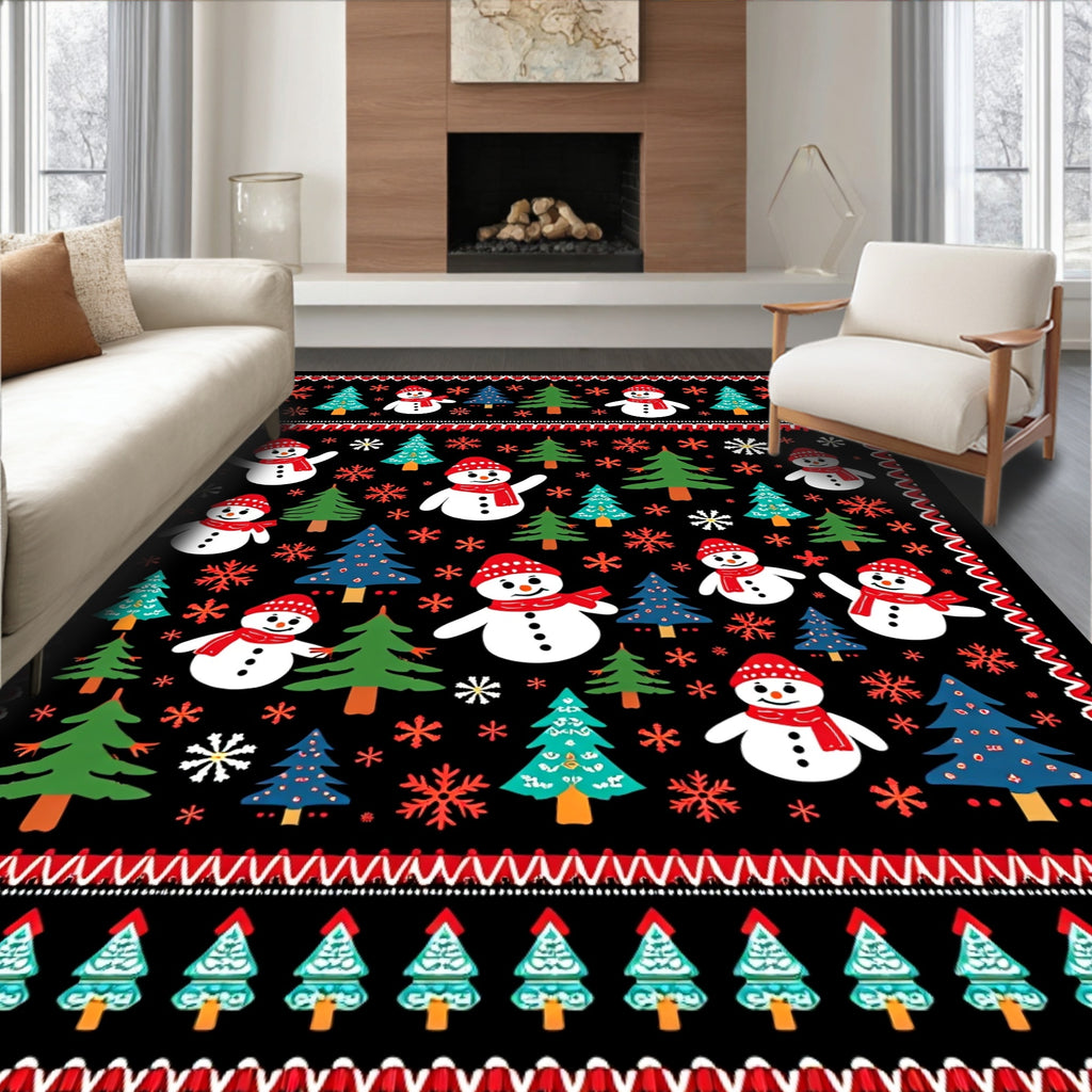 Festive Snowmen Christmas Trees Snowflakes Rug