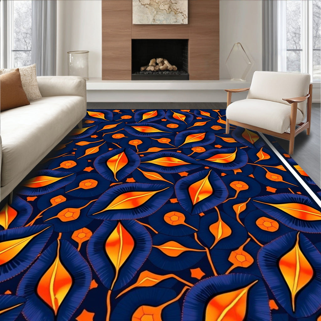 Deep Blue Orange Flame Leaf Rug
