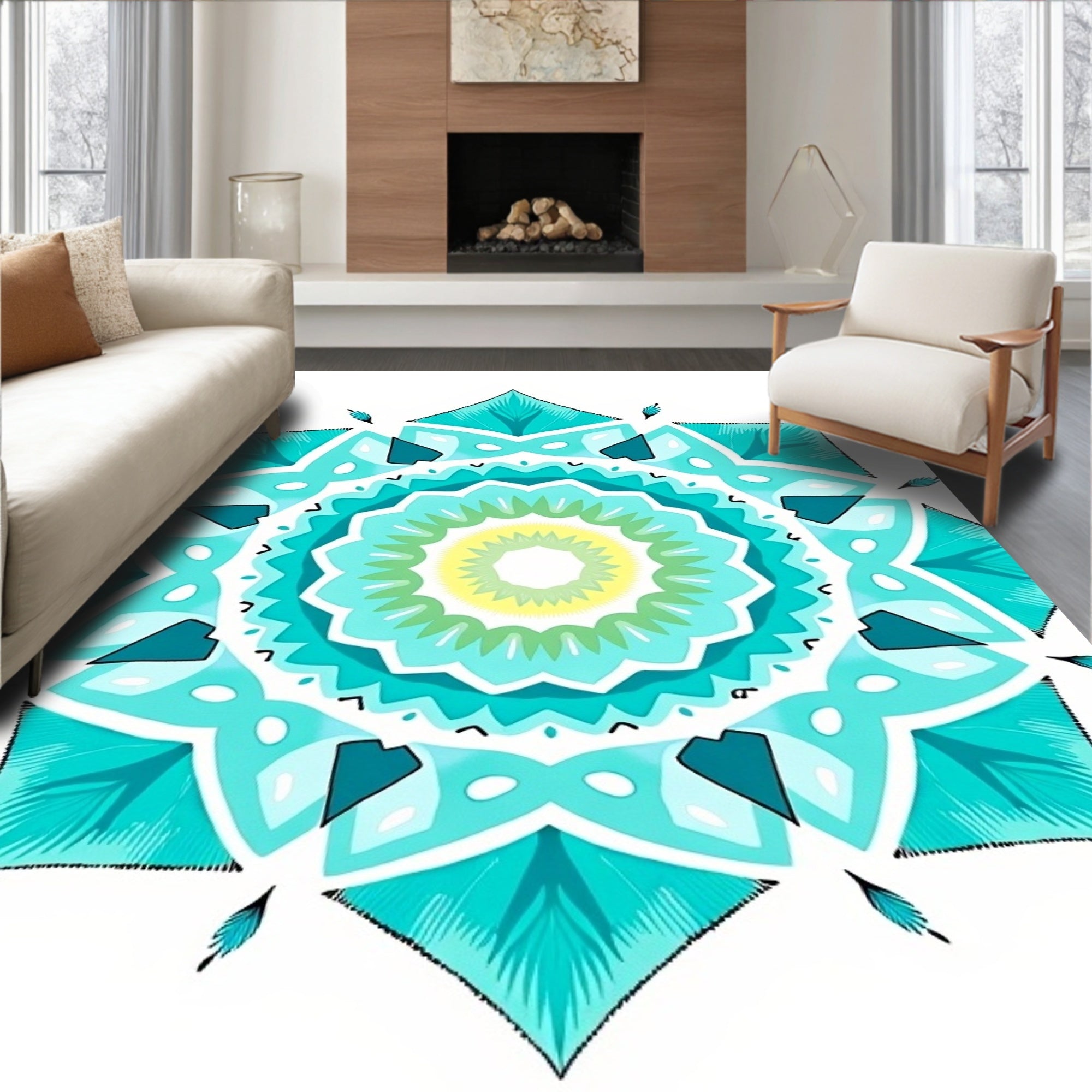 Aqua Teal Floral Mandala Harmony Rug