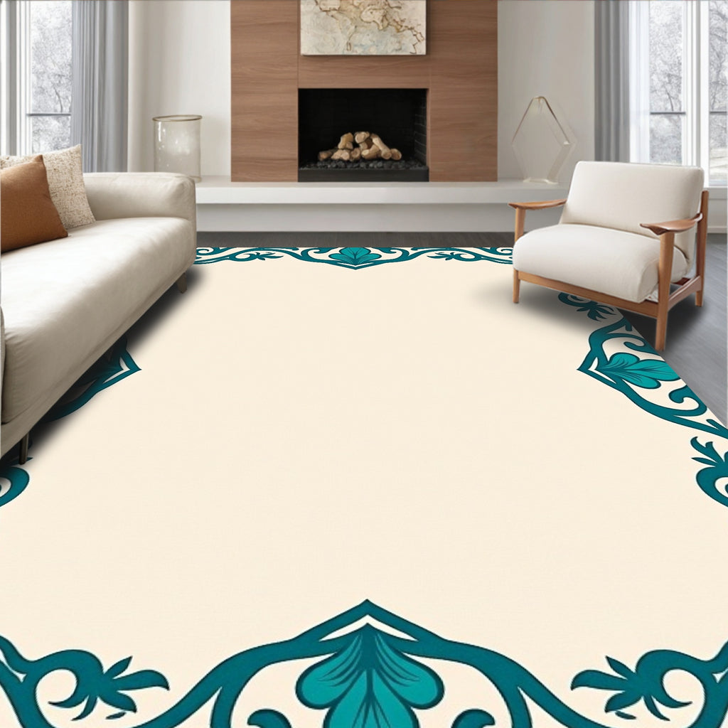 Elegant Teal Floral Scroll Border Rug