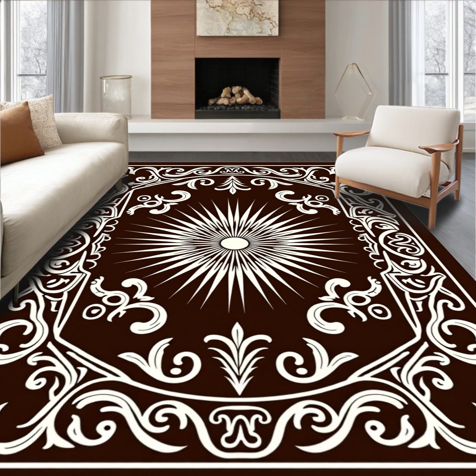Dark Brown Sunburst Medallion Border Rug