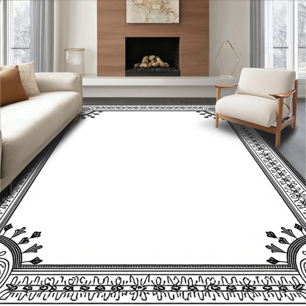 Victorian Black White Scroll Border Rug