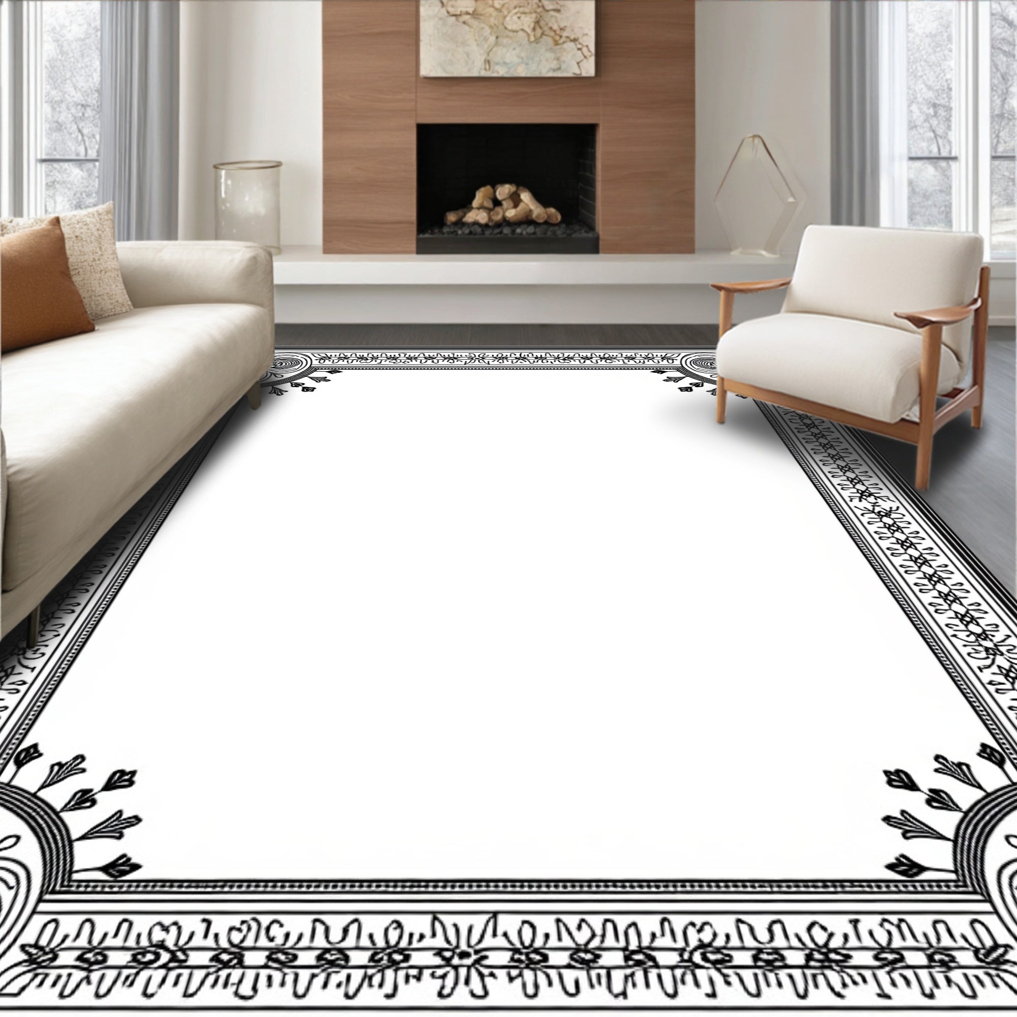 Victorian Black White Scroll Border Rug