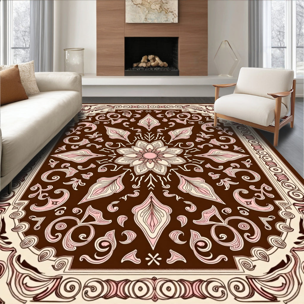 Brown Pink Floral Medallion Square Rug