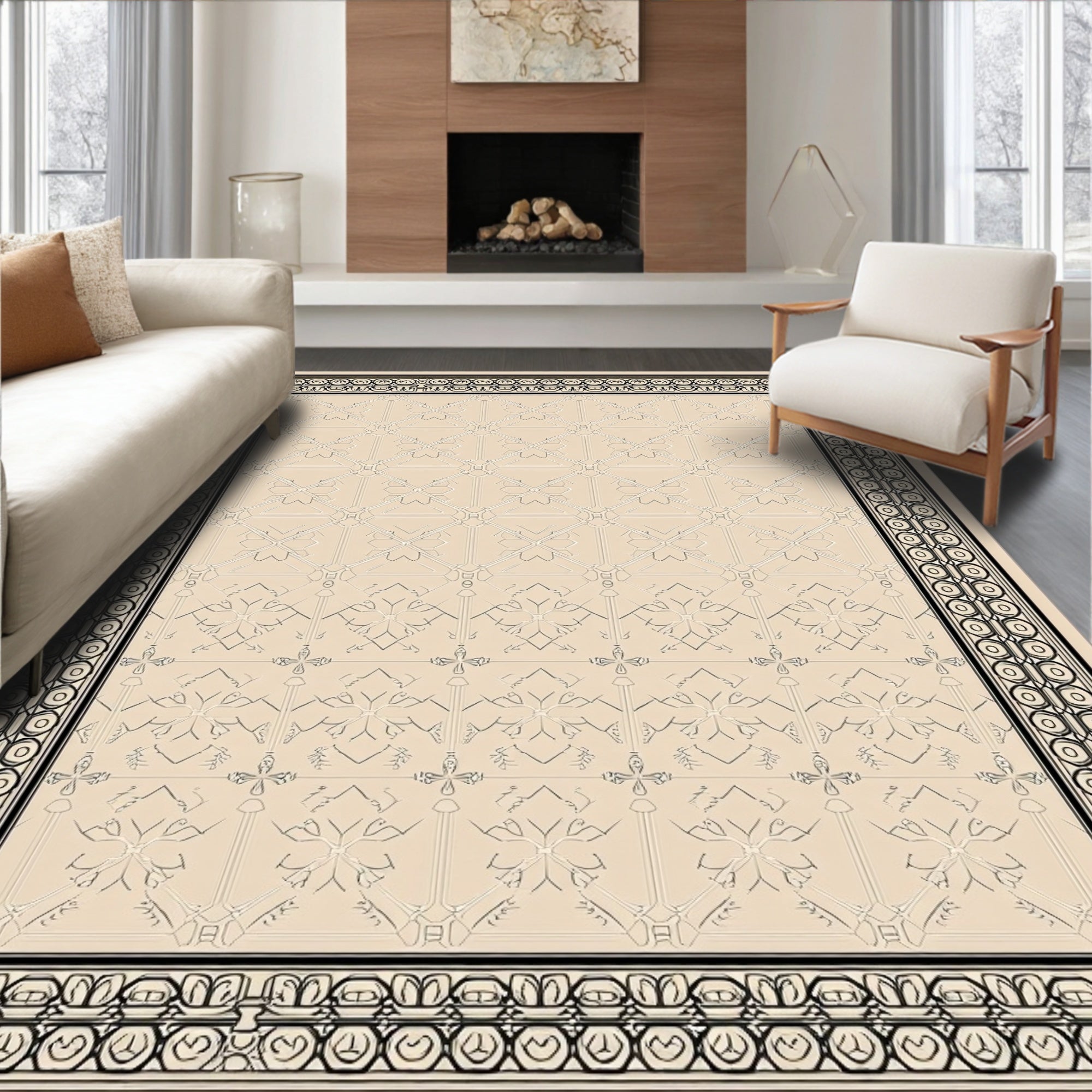 Geometric Beige Lattice Border Rug