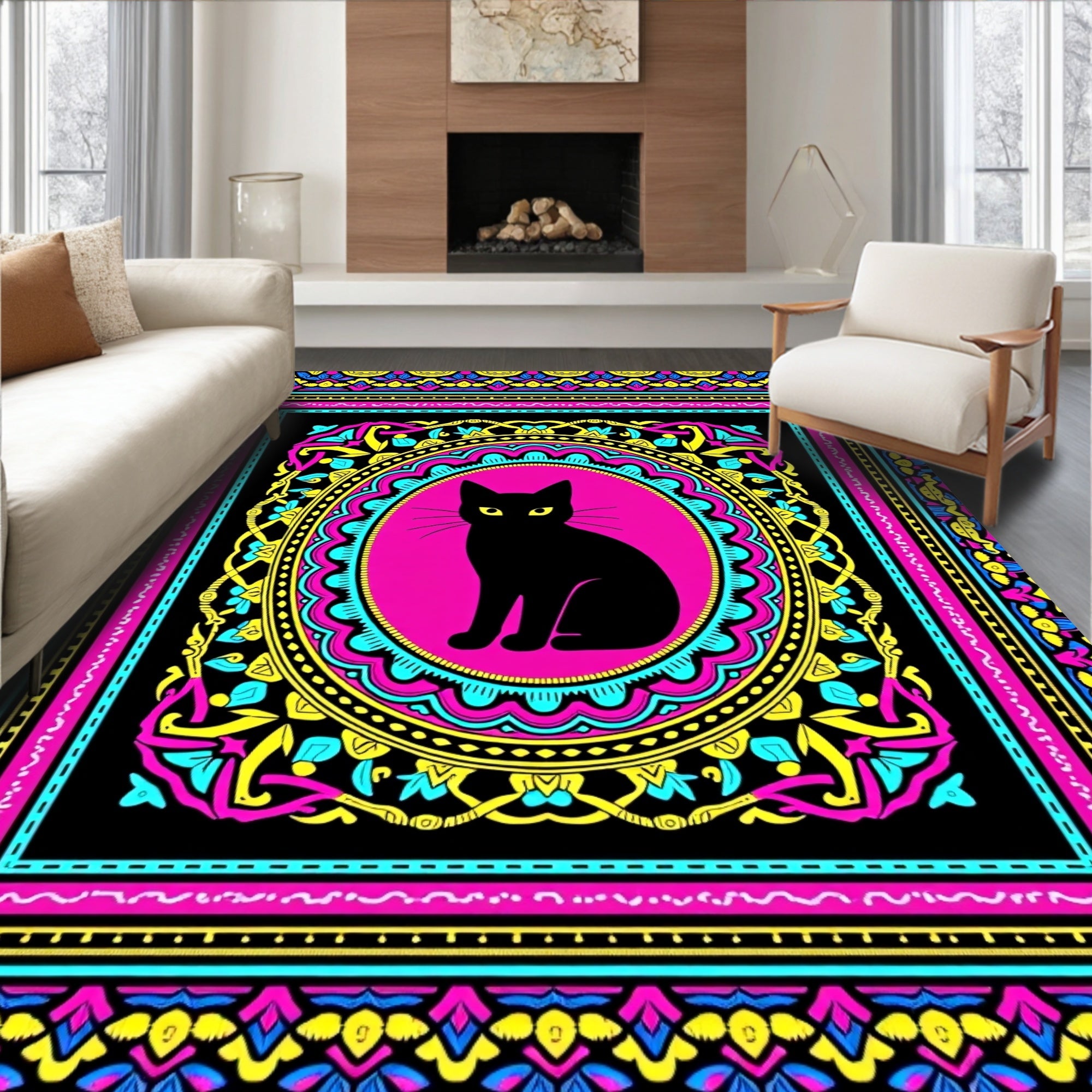 Vibrant Black Cat Medallion Rug