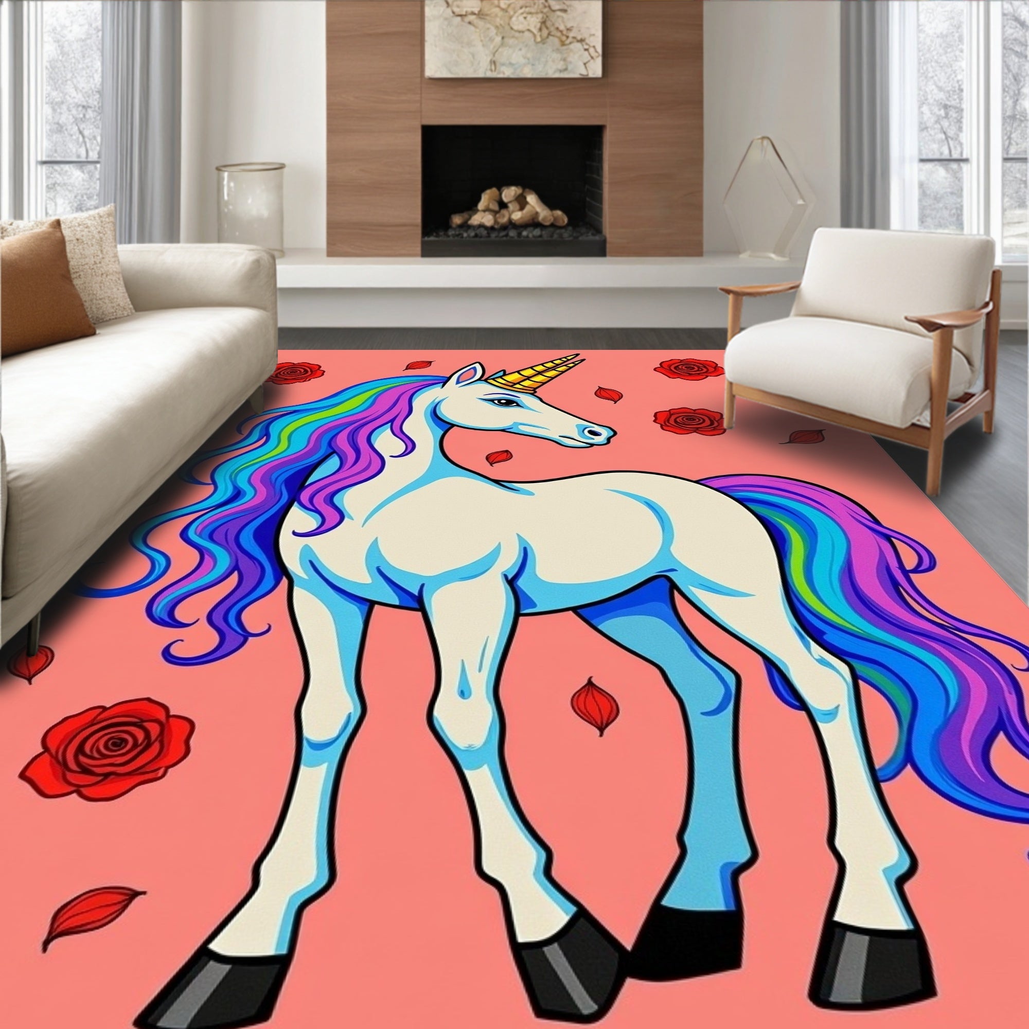 Rainbow Mane Unicorn With Red Roses Rug