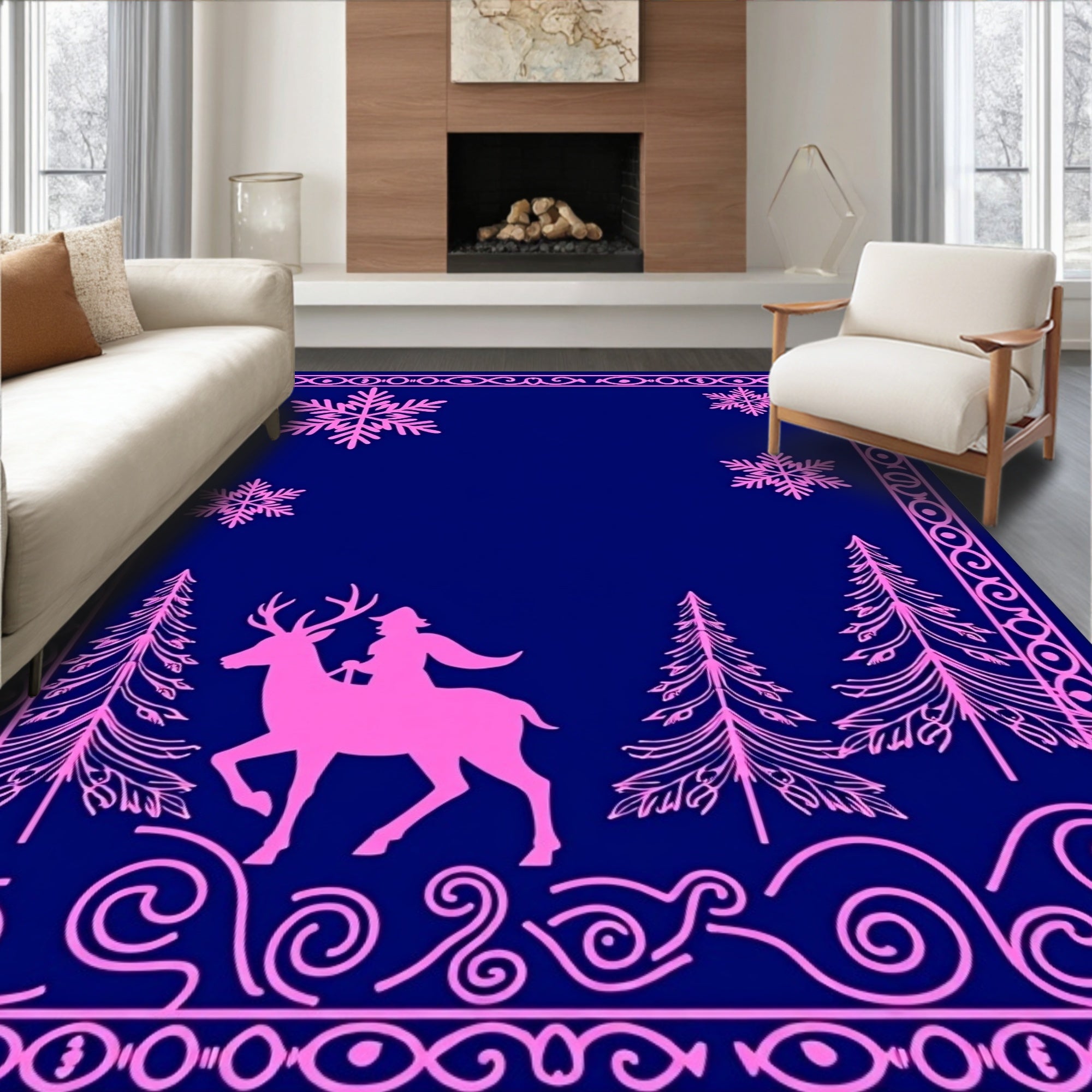 Pink Deer Rider Snowflake Woodland Scene Rug
