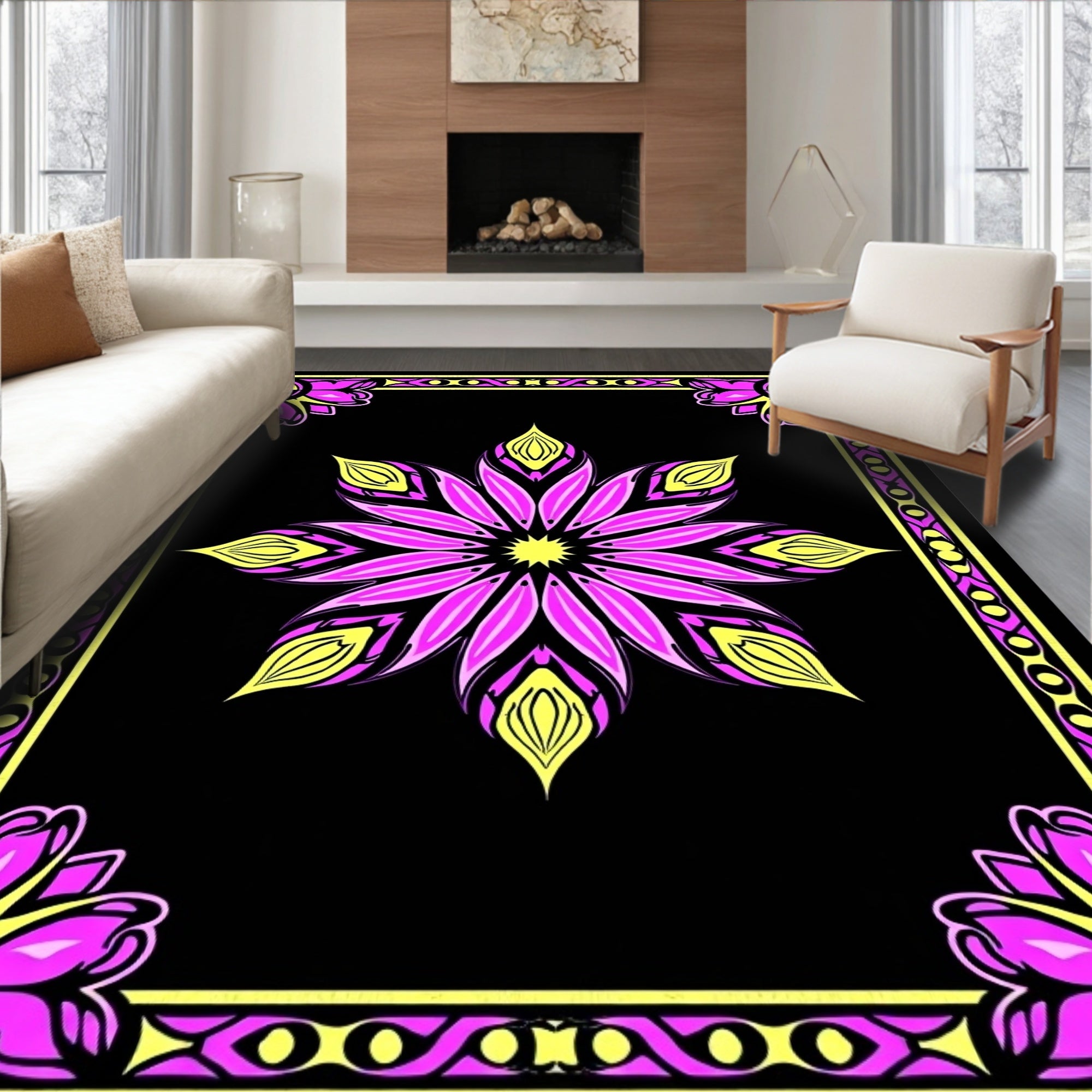 Bright Pink Yellow Floral Frame Rug