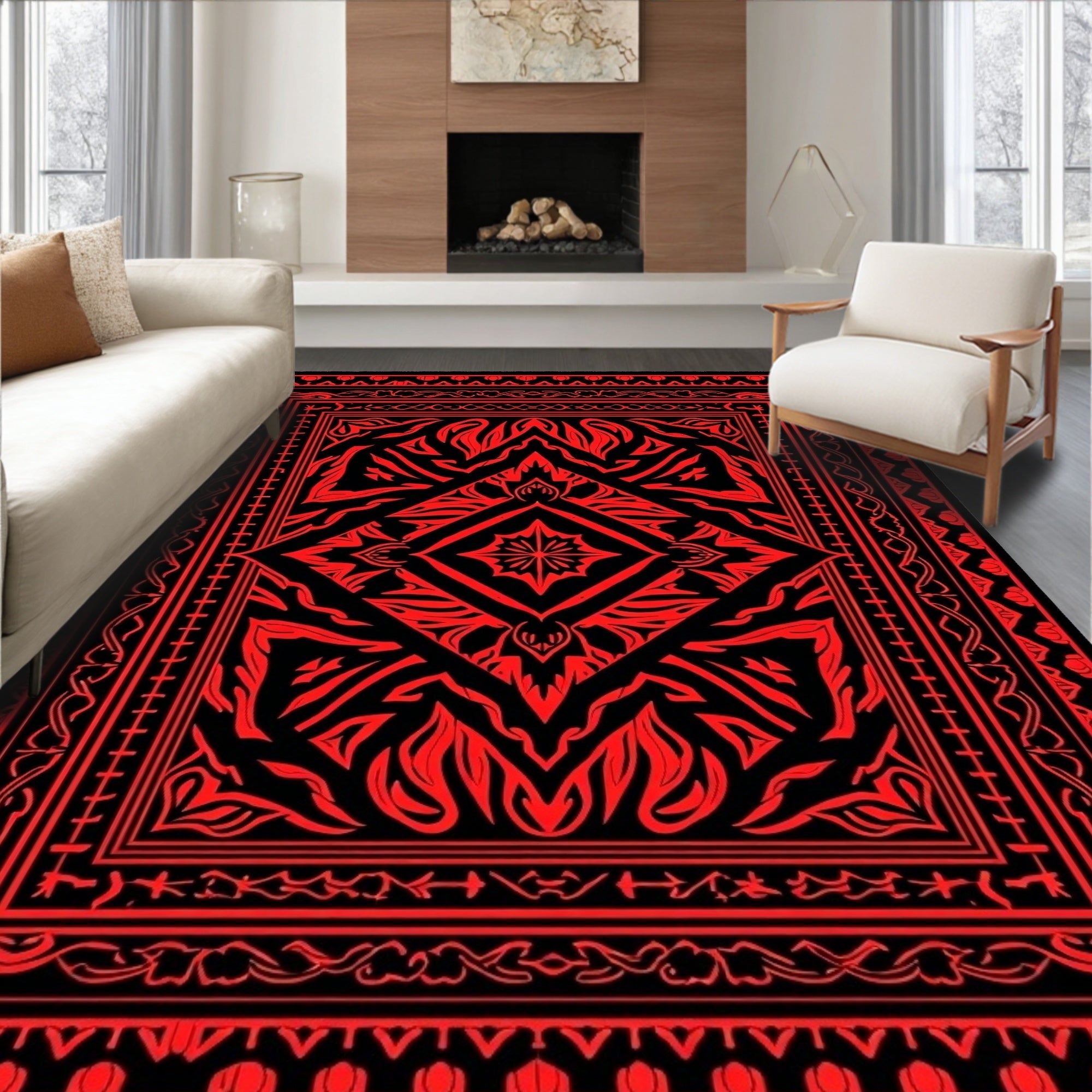 Bold Red Ornamental Diamond Rug