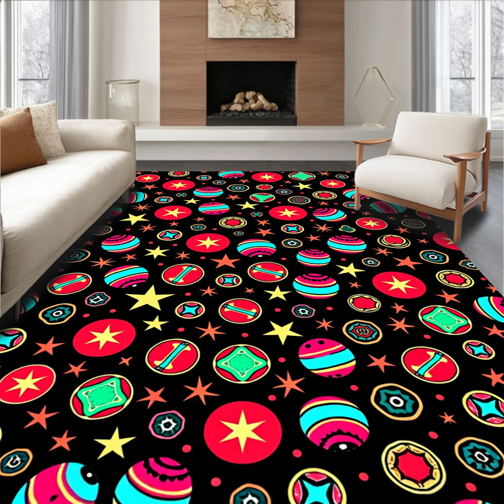Whimsical Red Blue Star Ball Collage Rug