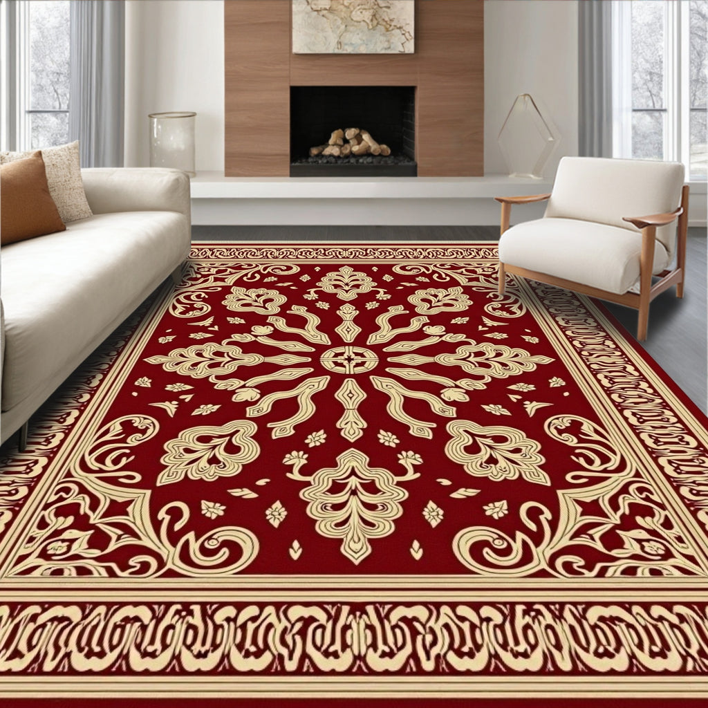 Ornate Crimson and Cream Floral Rug