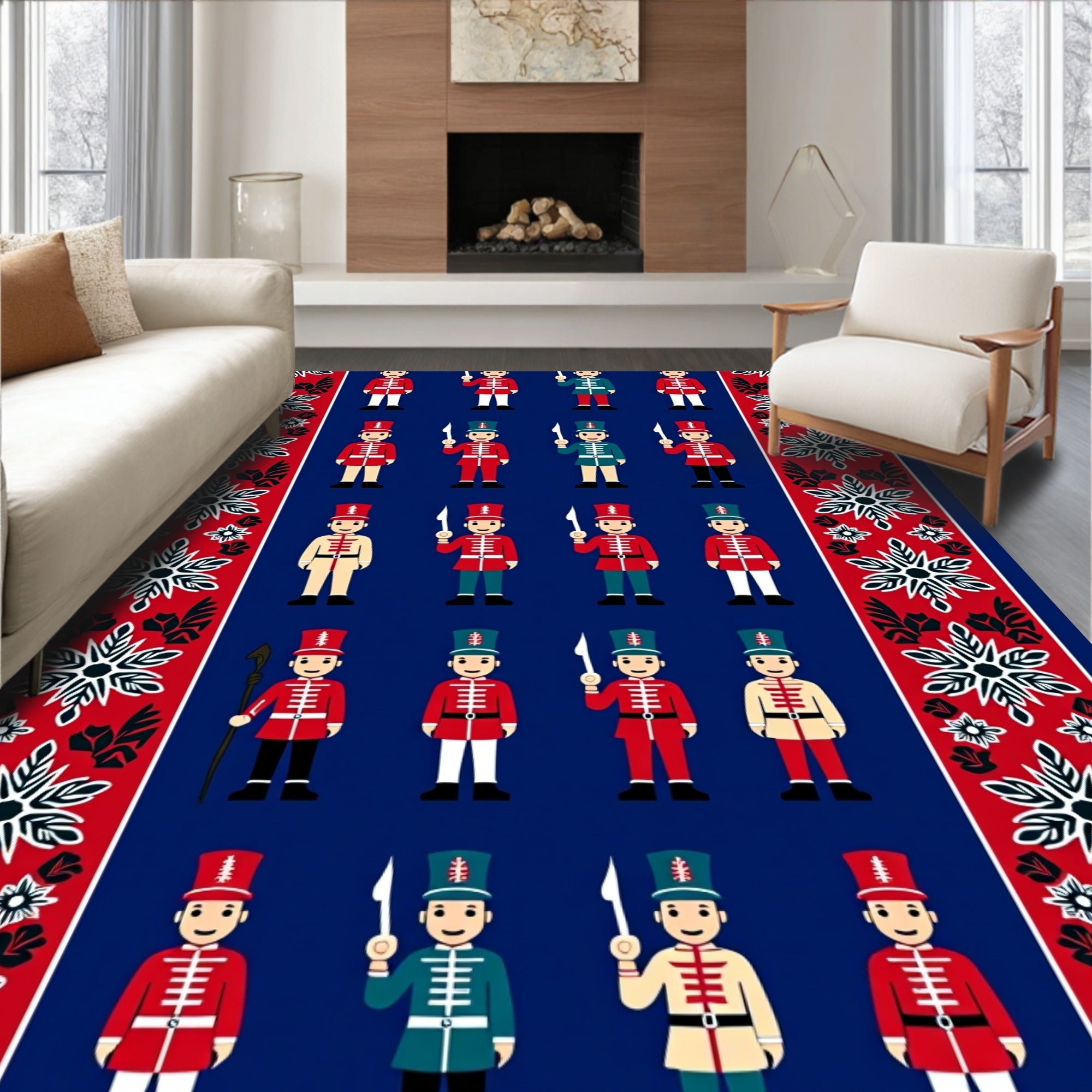 Red Blue Soldiers Ornate Border Rug