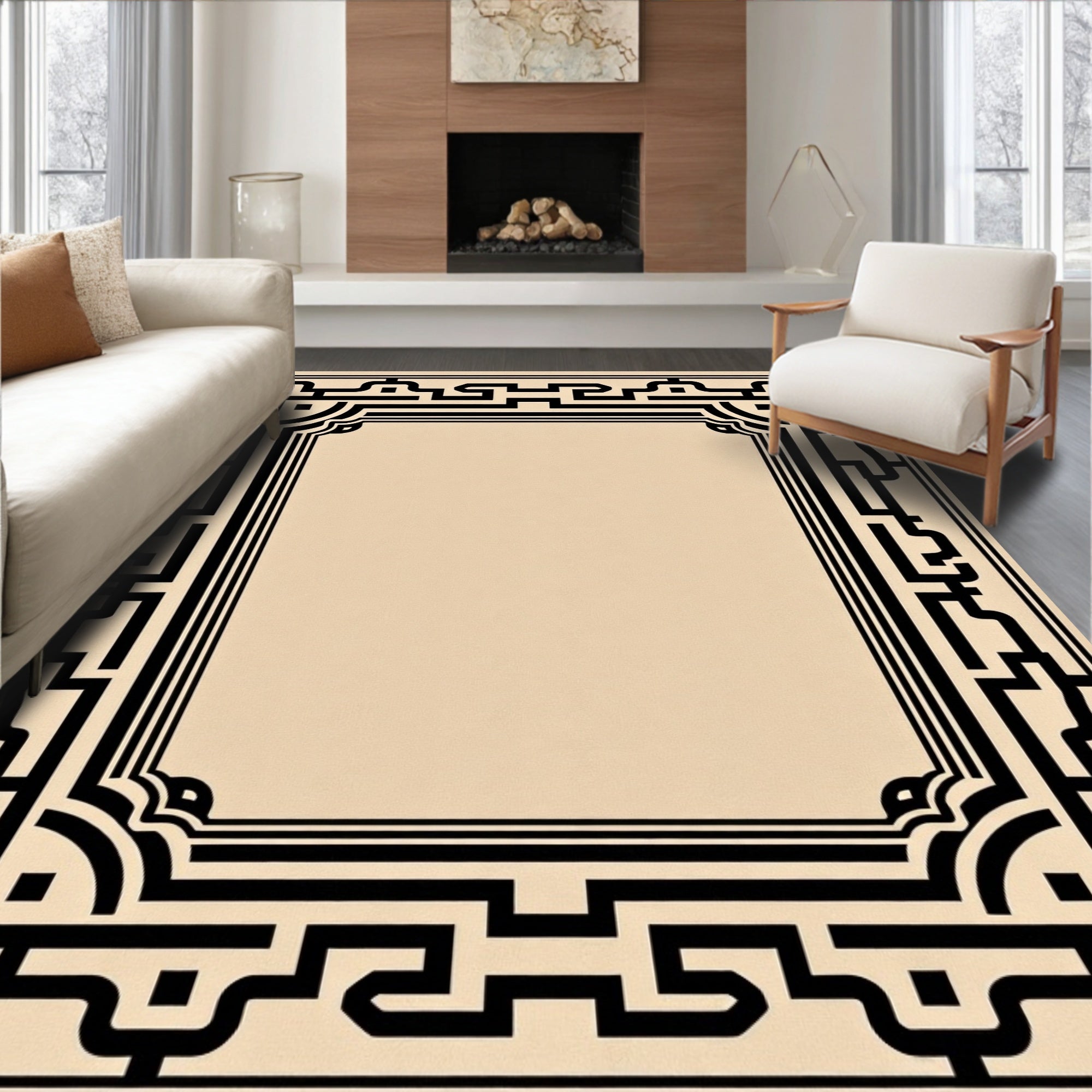 Classic Black Geometric Border Frame Rug